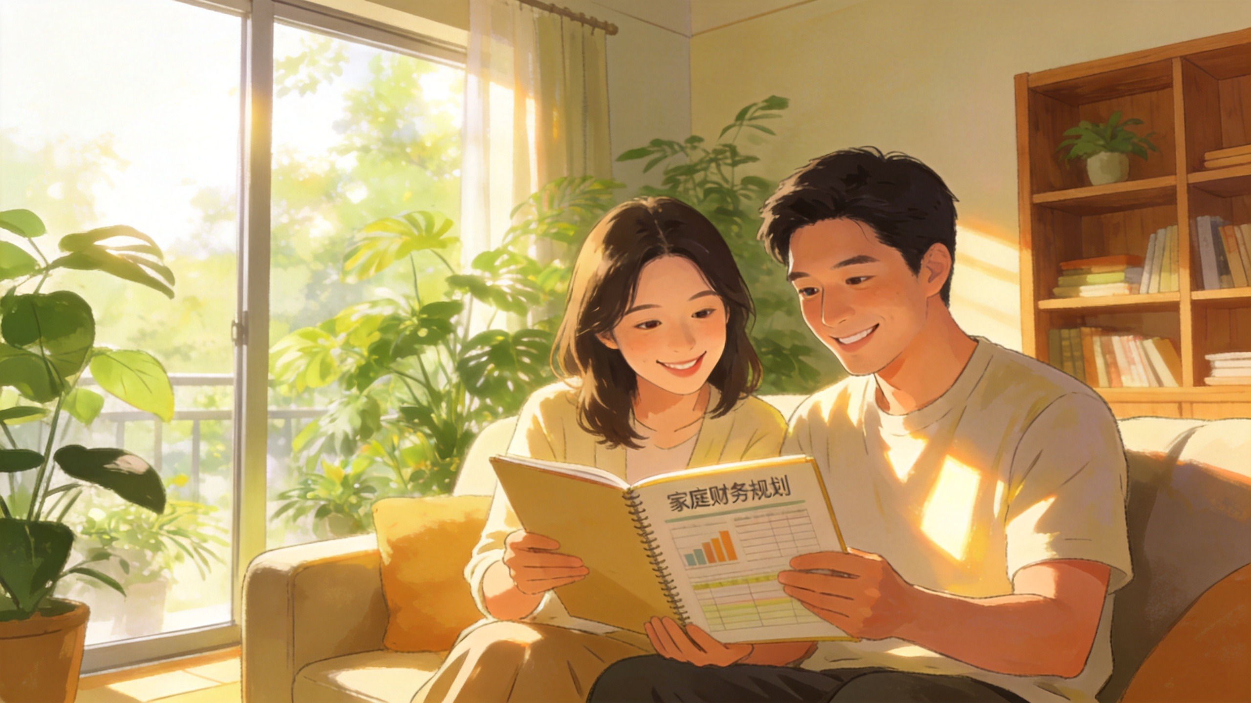 温馨家庭场景，夫妻共同规划家庭财务，体现稳健理财与安全感