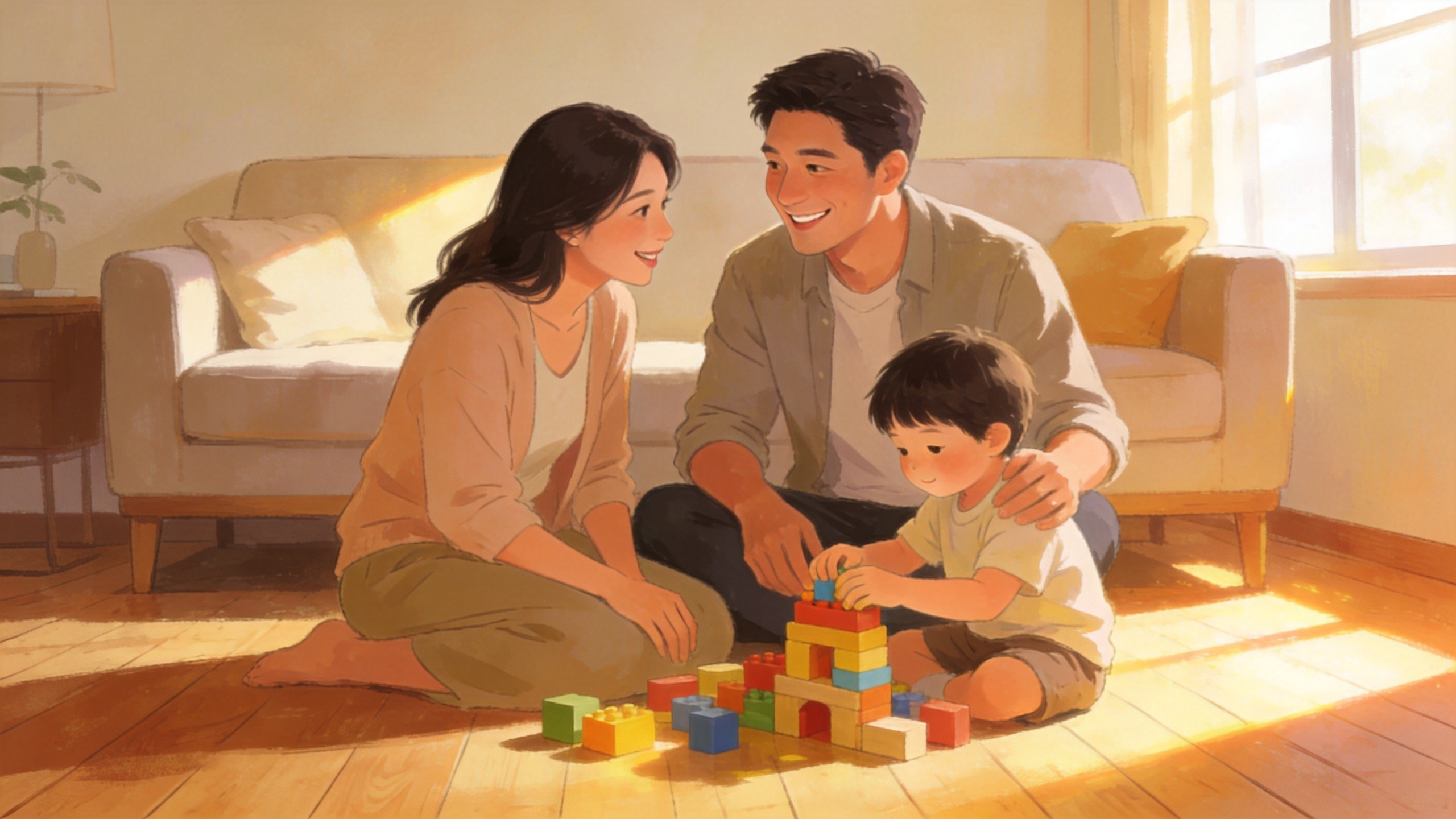 温馨家庭场景插画，体现终身寿险保单权益带来的家庭安全感与守护。
