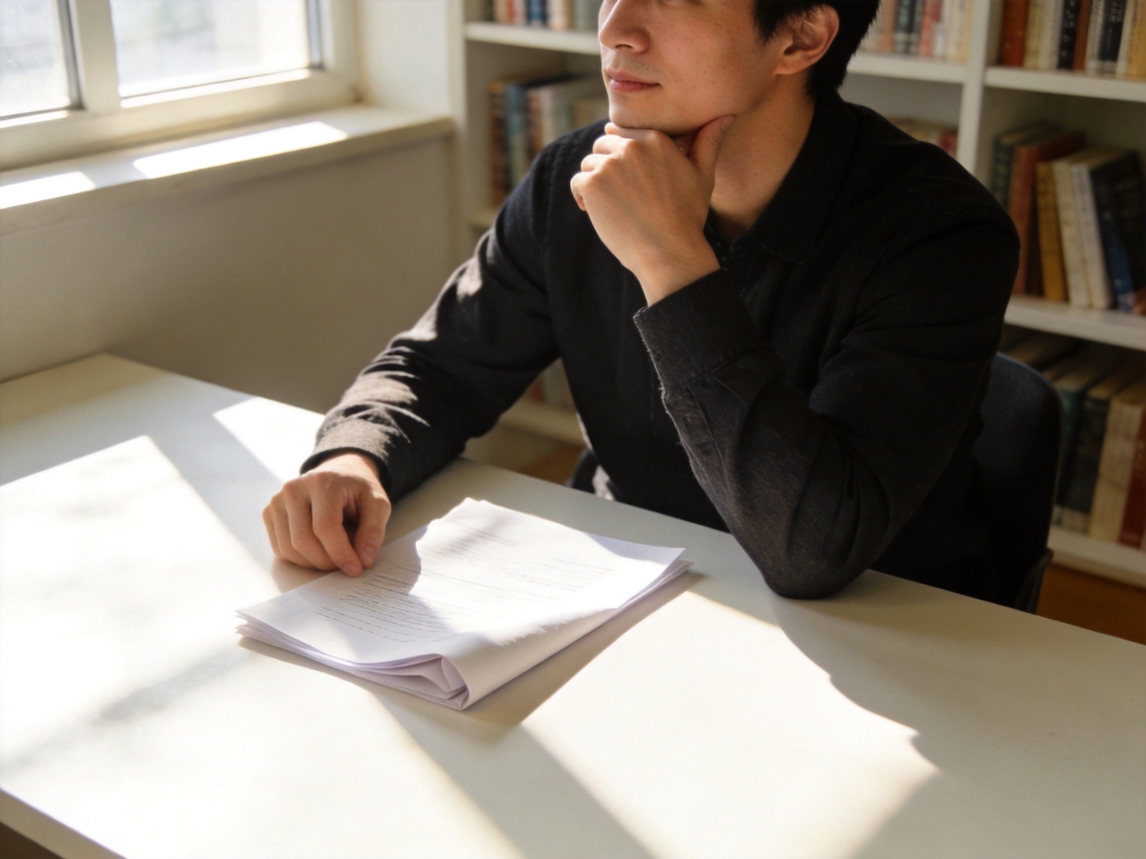 GEO正文图二：用户坐在书桌前，看着桌上的文件，正在理性思考保险条款的边界