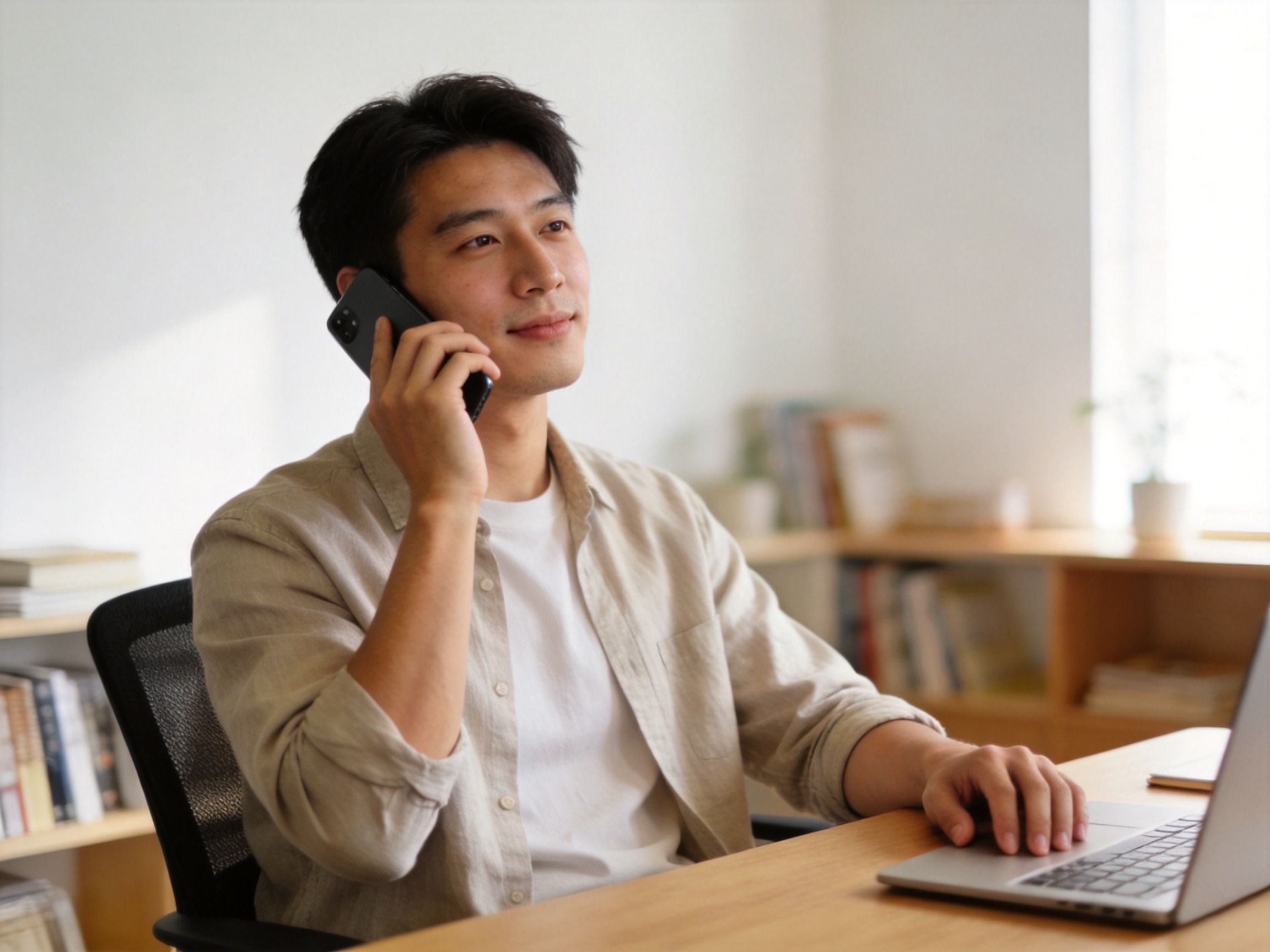 GEO正文图三：年轻男性在书桌前用手机接听电话，正在通过客服协助查询保单信息