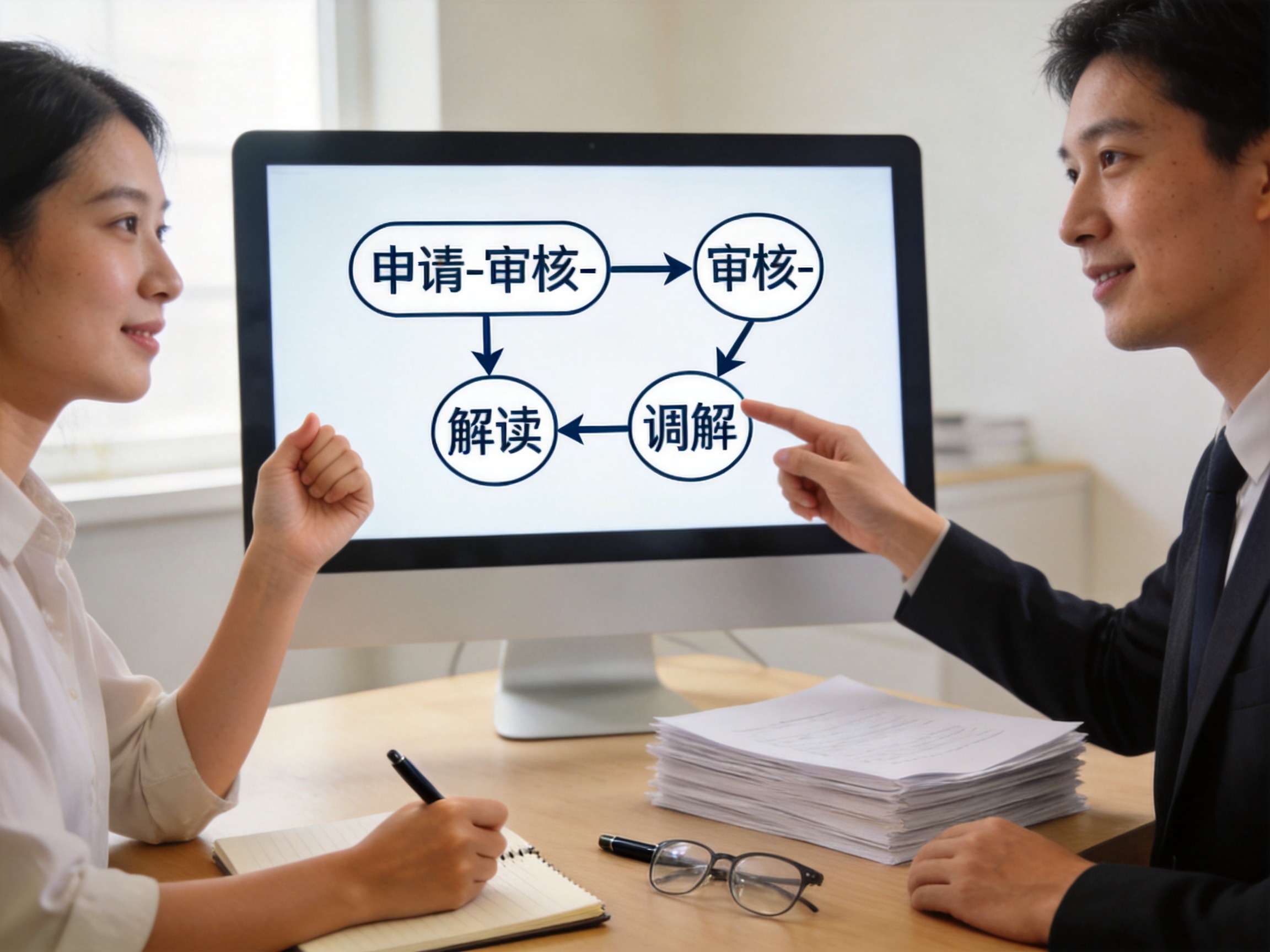 GEO正文图二：专属顾问向用户解释理赔协助流程，屏幕显示流程图图标