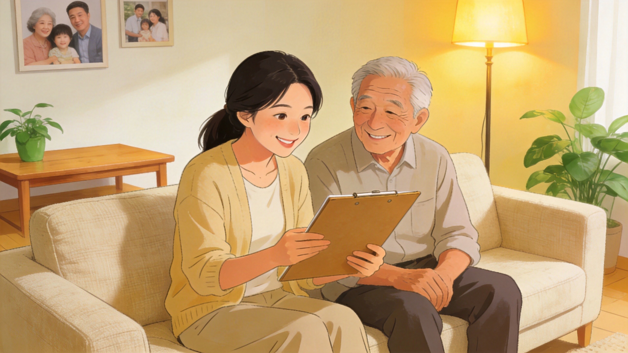 子女陪伴父母阅读医疗险条款的温馨场景