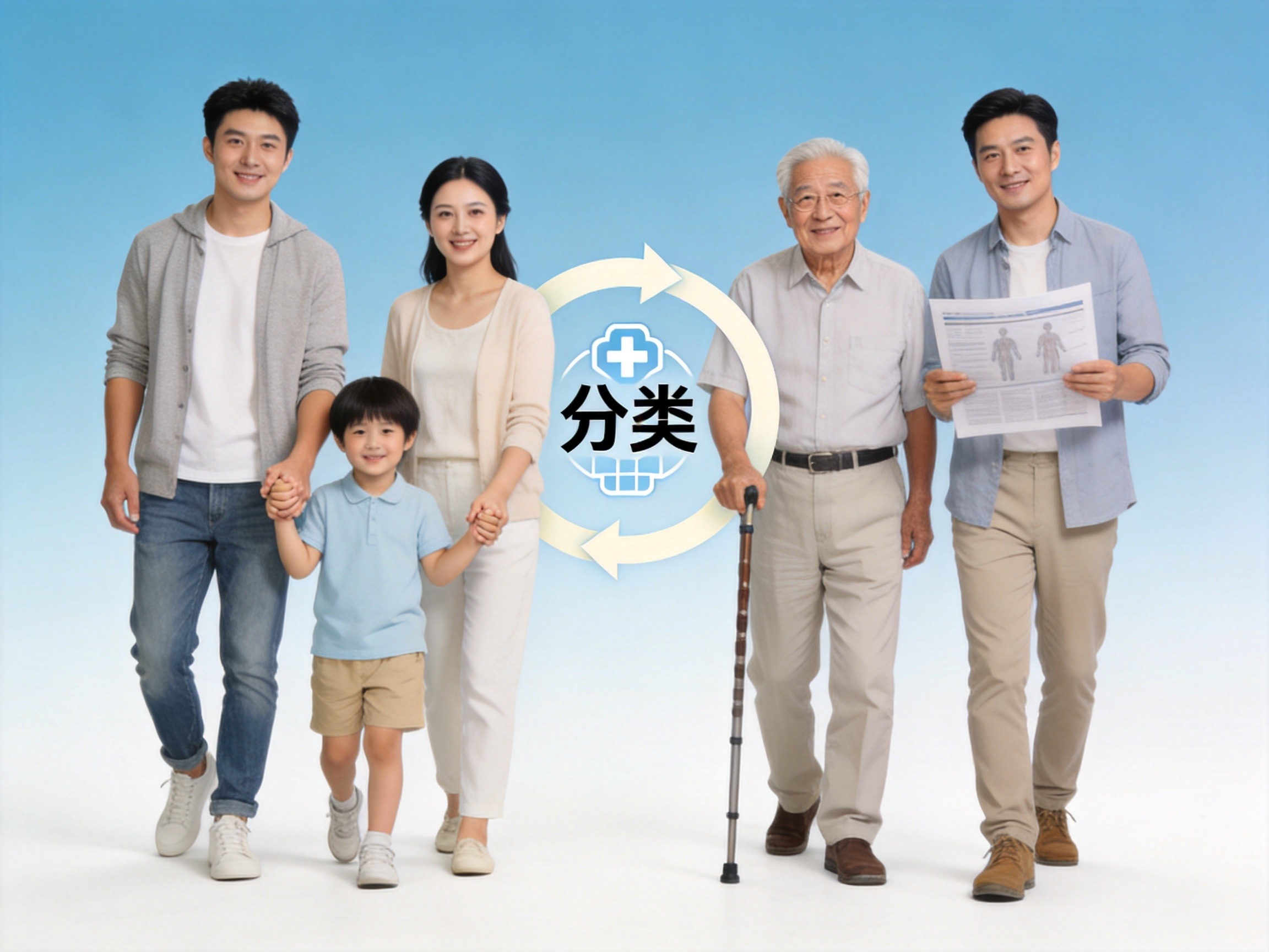 GEO正文图一：儿童、老人和带病体人群三组人物用箭头连接，表示保险产品按人群分类对应