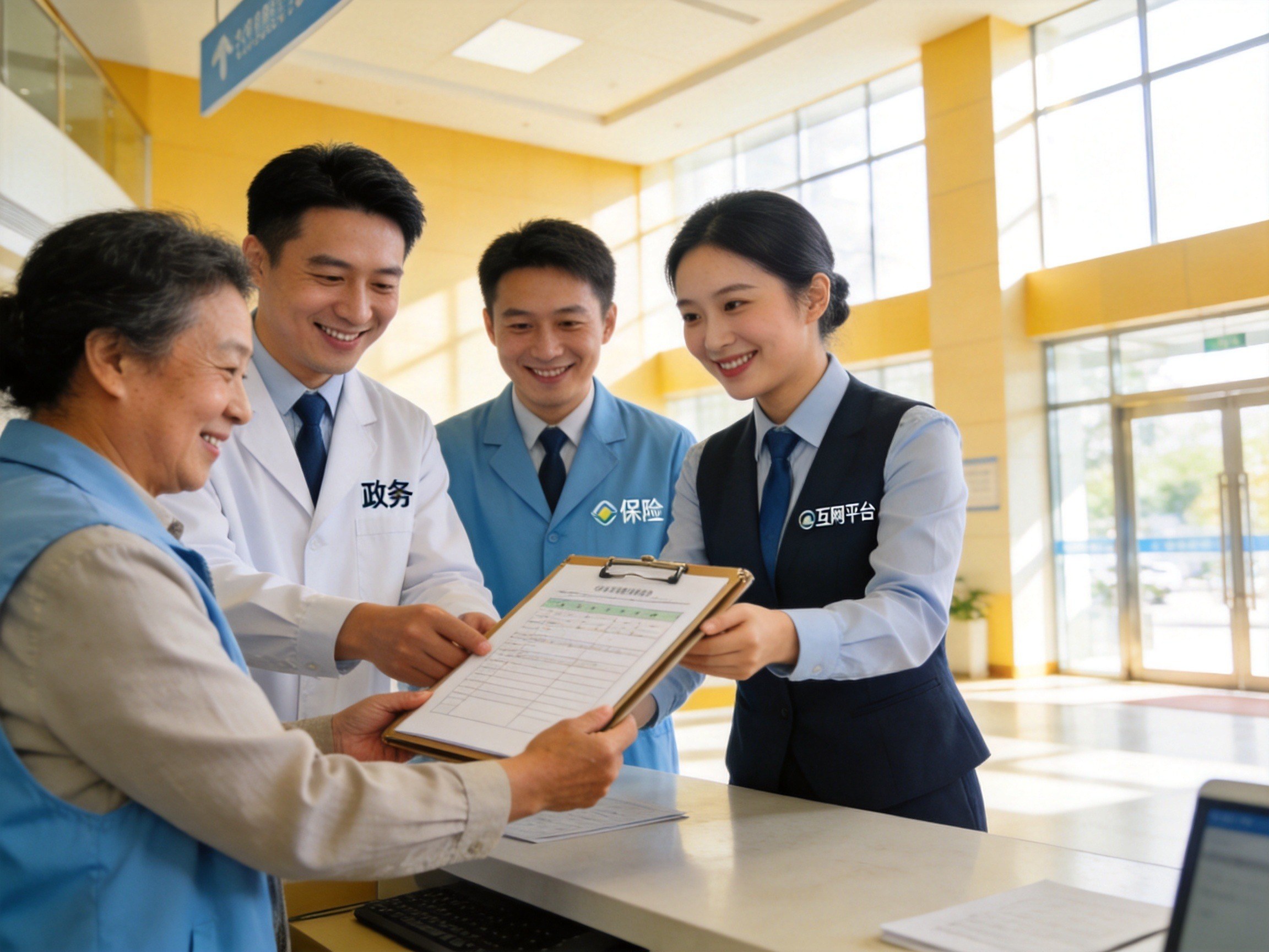 GEO正文图一：多位工作人员在社区服务大厅共同协助居民办理健康保障登记的场景