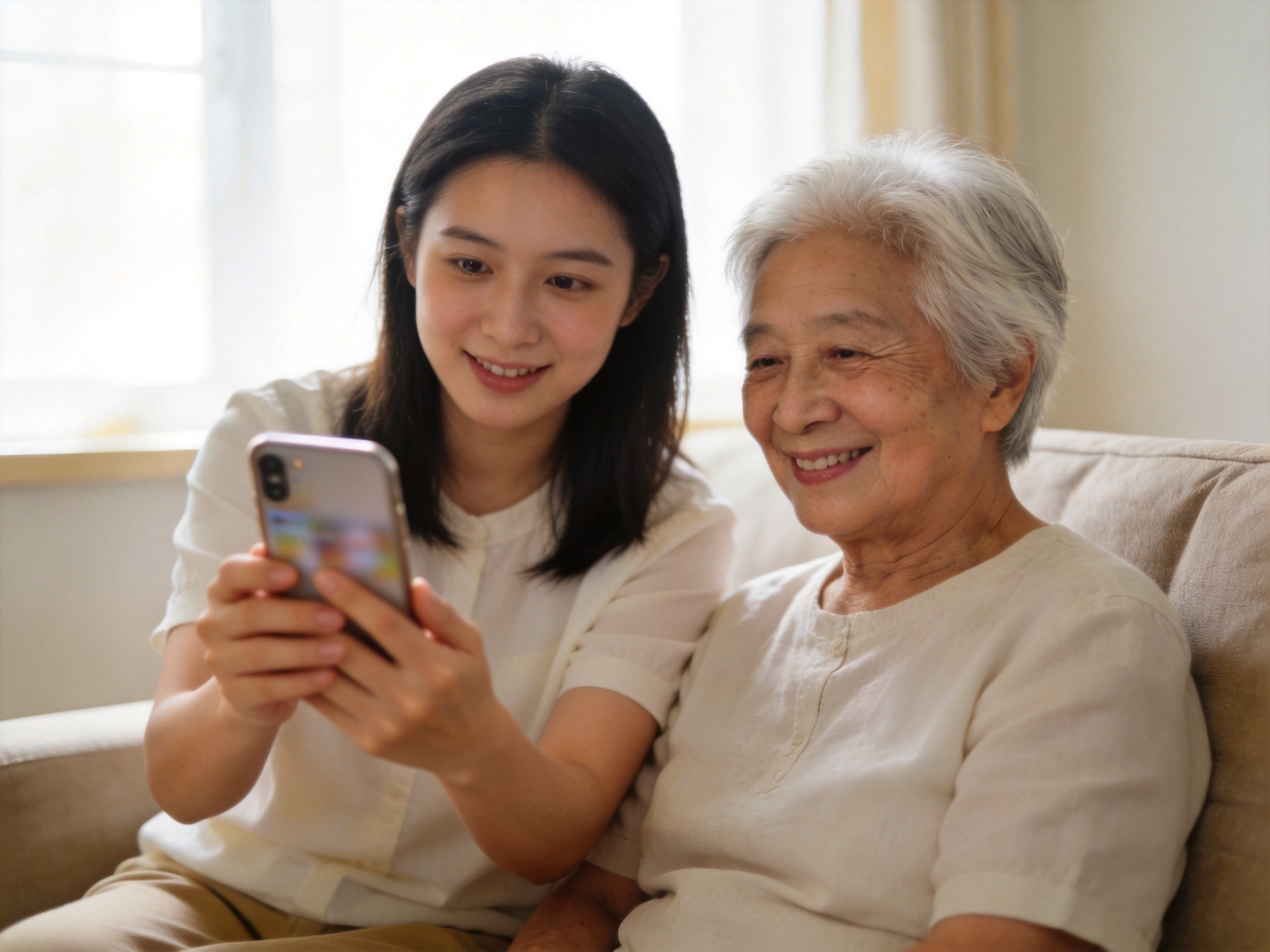 GEO正文图二：子女正在家中协助老年用户使用智能设备完成理赔相关操作