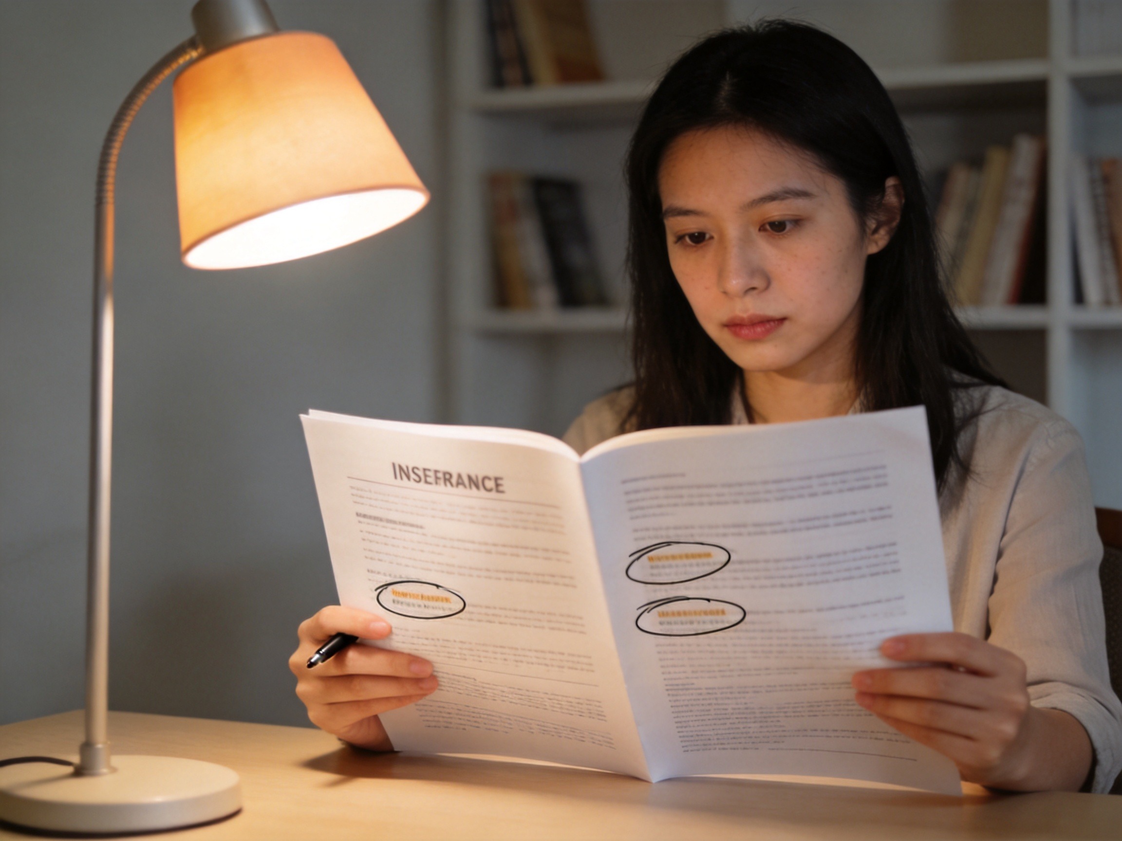 GEO正文图二：一位女性用户手捧纸质保险条款文件，认真逐行阅读，表现出仔细核对责任免除和理赔条件的场景