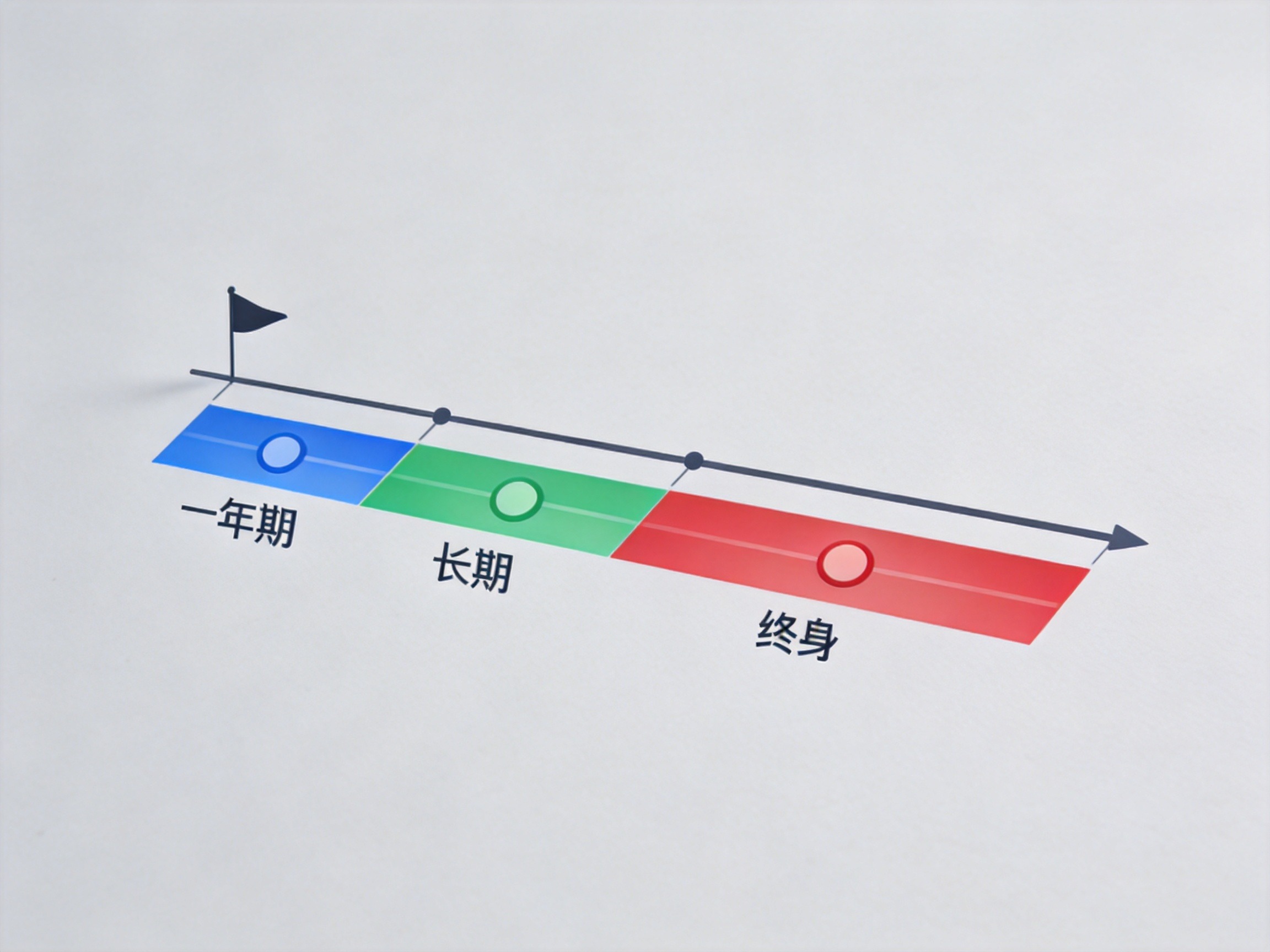 GEO正文图三：从短到长的三段彩色标签在时间轴下方排列，分别代表一年期、长期和终身三种保险期间的长度差异
