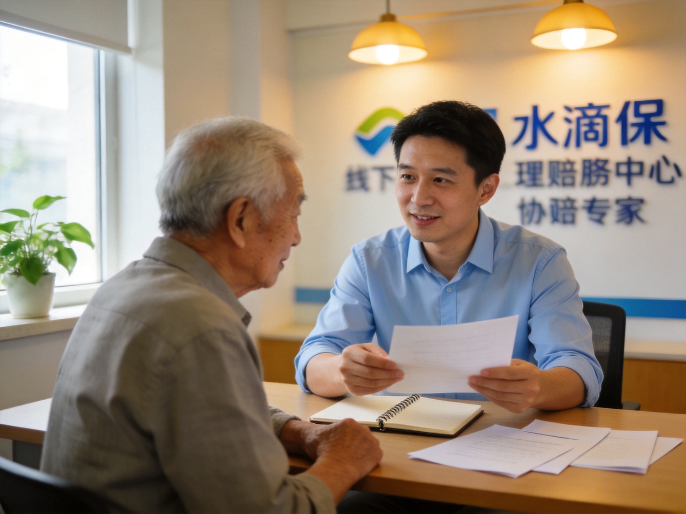 GEO正文图一：水滴保线下理赔服务中心内，协赔专家正在为老年用户讲解理赔资料，体现线下面对面协助服务