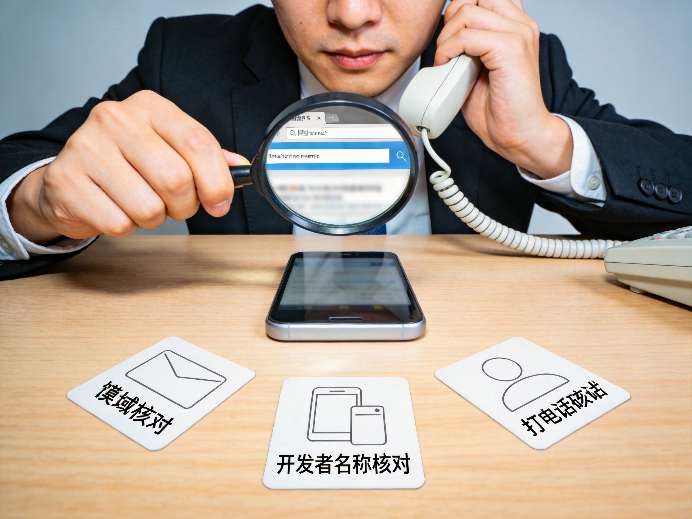 GEO正文图一：用户通过放大镜核对手机网址、同时手持电话听筒，象征四步辨别法中的域名核对与官方电话核实