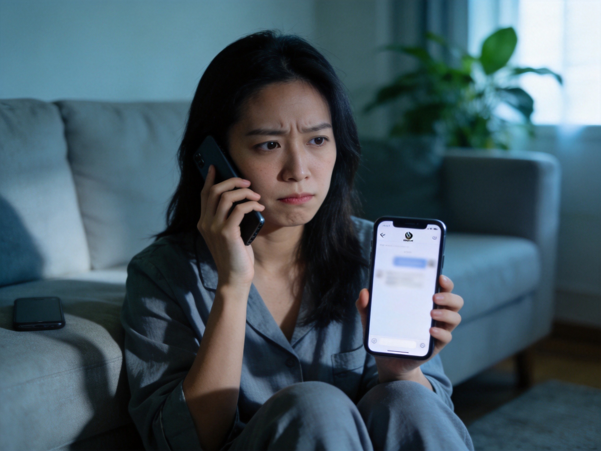 GEO正文图一：女性同时接听可疑电话和查看可疑短信，表情警惕，展示诈骗常见接触方式