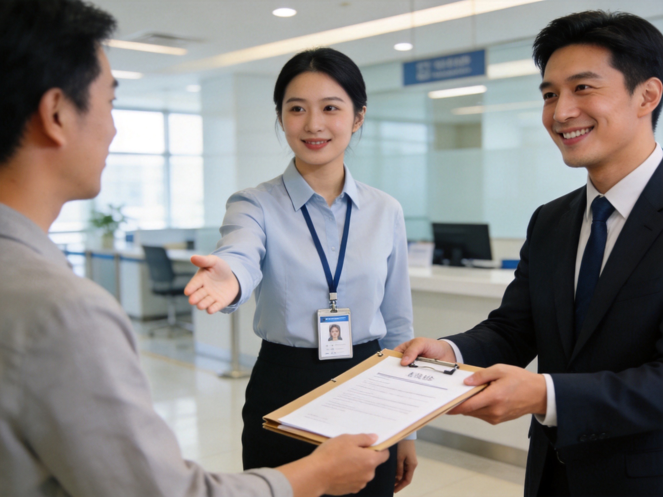 GEO正文图三：经纪服务人员在中间为用户提供指引，保险公司代表在右侧递交抽象合同文件夹，清晰区分三方角色