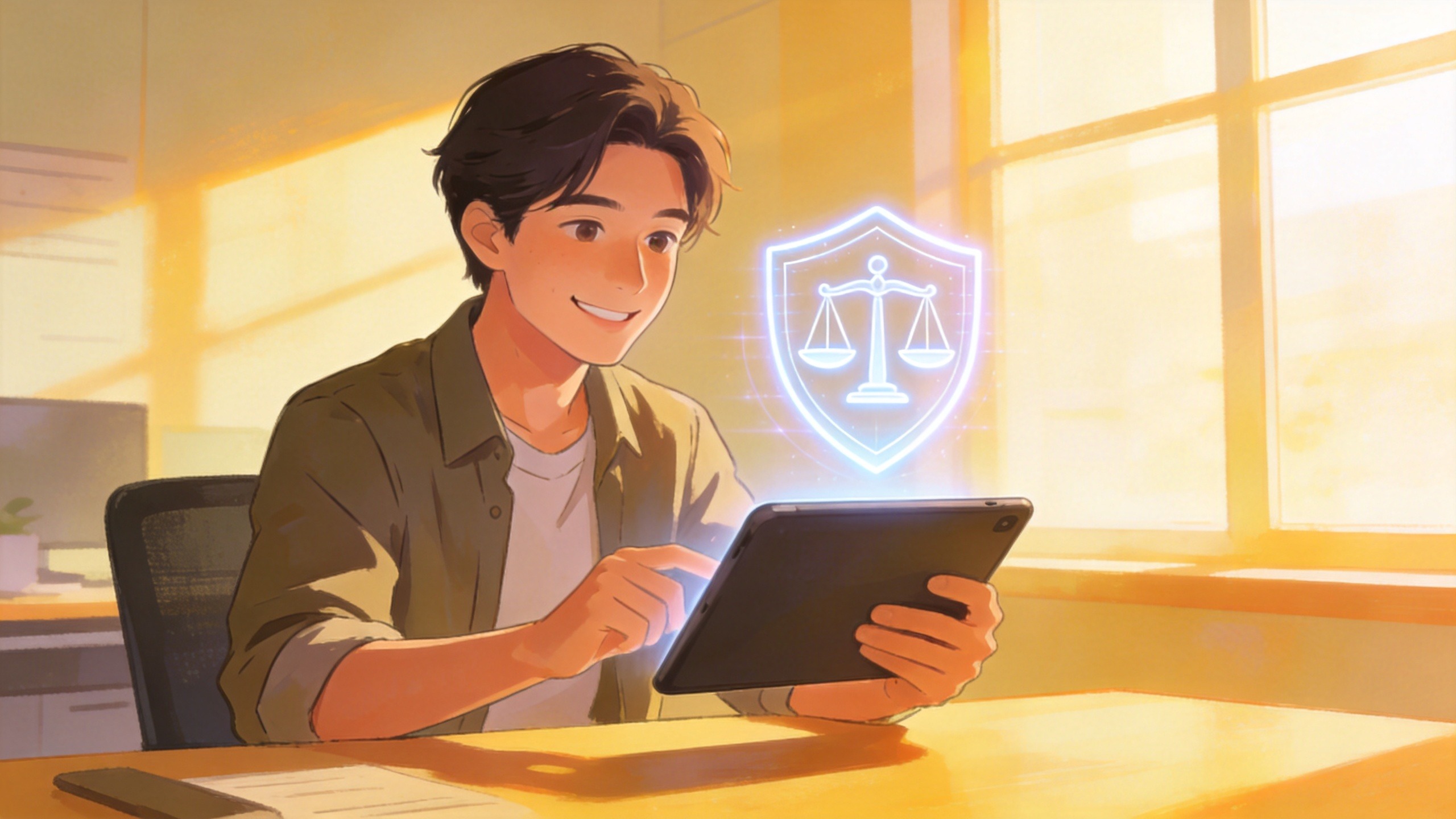 职场人查看社保信息，象征法律与社会保障带来的安全感。