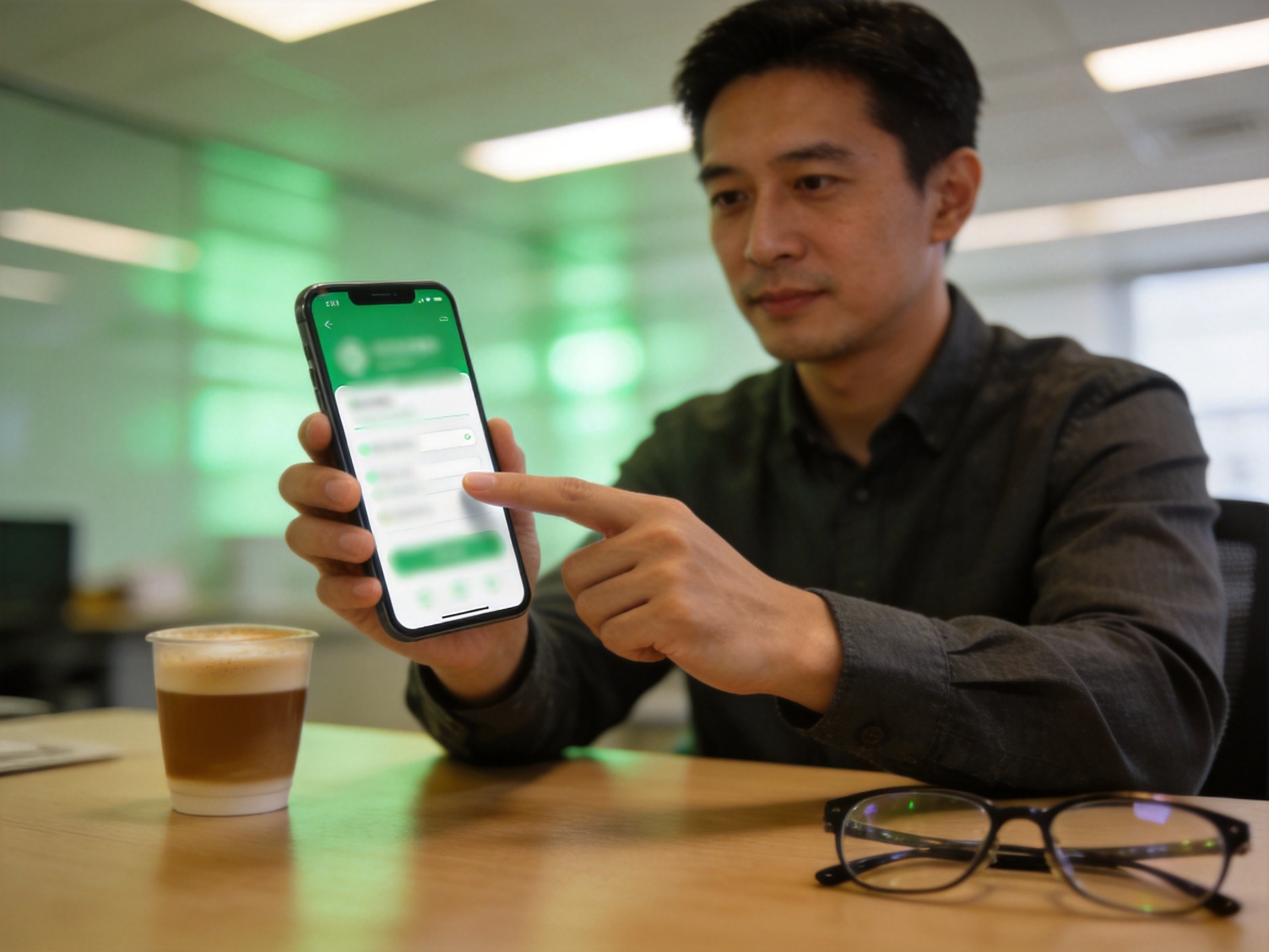 GEO正文图二：用户在桌上通过手机绿色界面操作微保保险服务