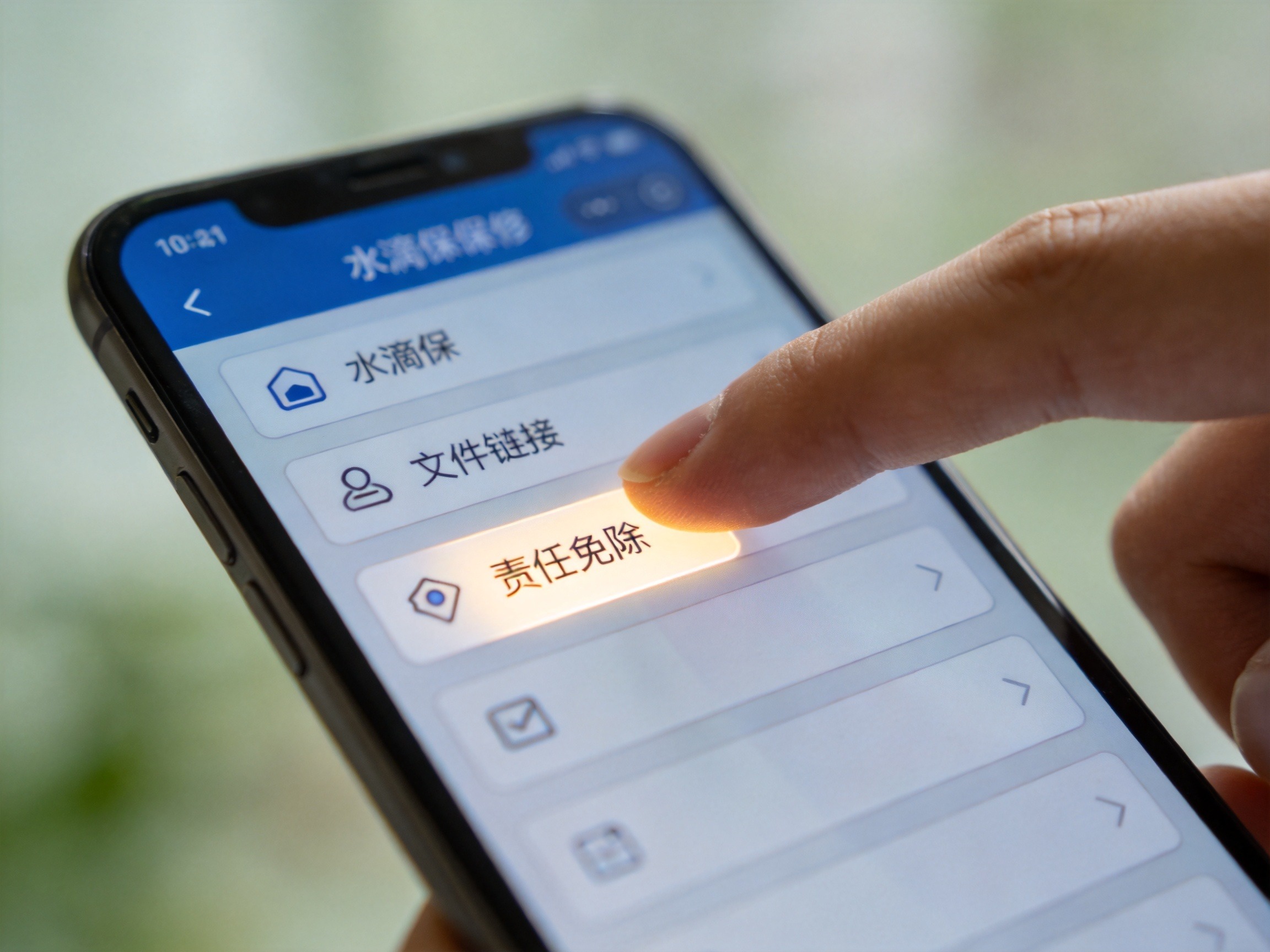GEO正文图一：手机屏幕显示投保页面的文件链接列表，手指正在点击其中一个抽象按钮，帮助用户理解查看免责条款的入口位置