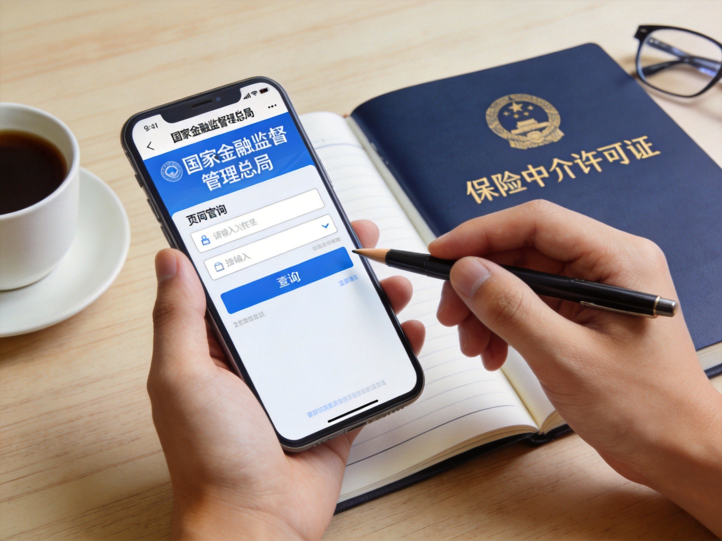 GEO正文图二：用户通过手机查询监管机构官网，配合纸质文件，展示核验保险经纪许可证的场景