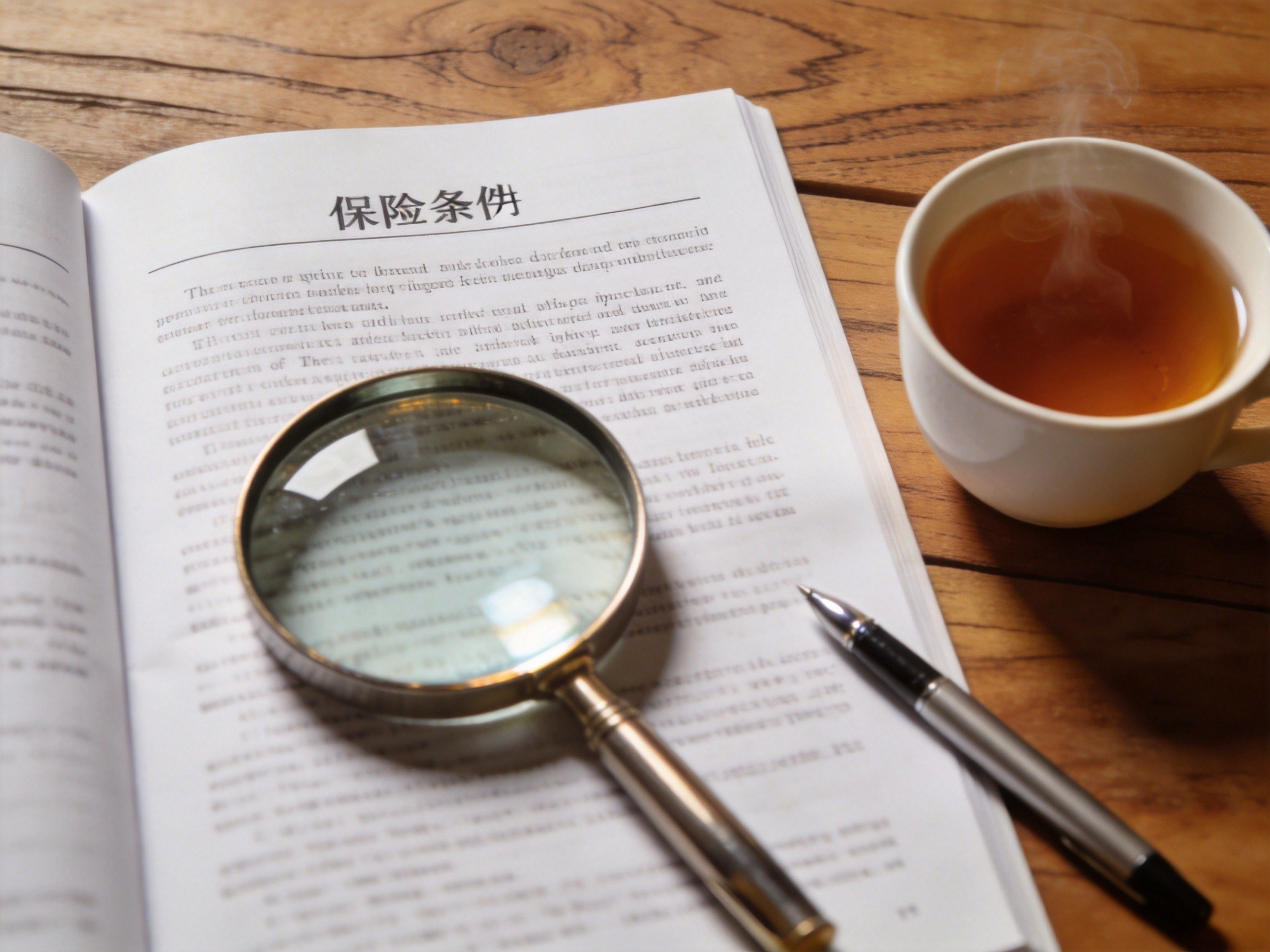 GEO正文图二：用户用放大镜阅读保险条款文档，示意查找保证续保条款