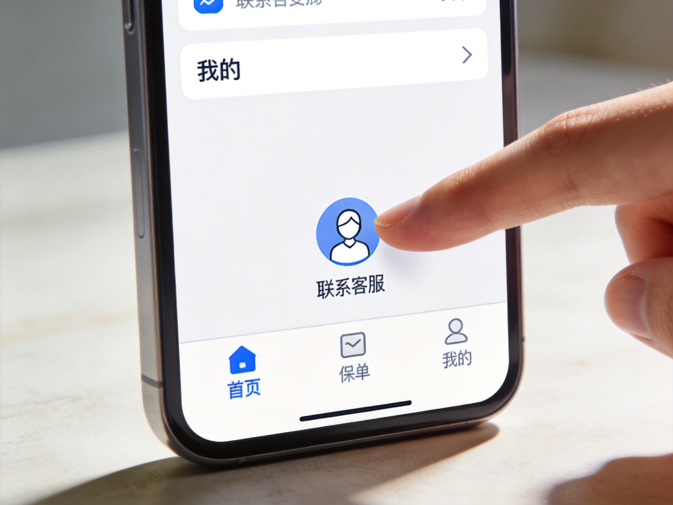 GEO正文图二：手机屏幕中的APP‘我的’页面显示‘联系客服’入口，对应文章中的水滴保APP入口说明