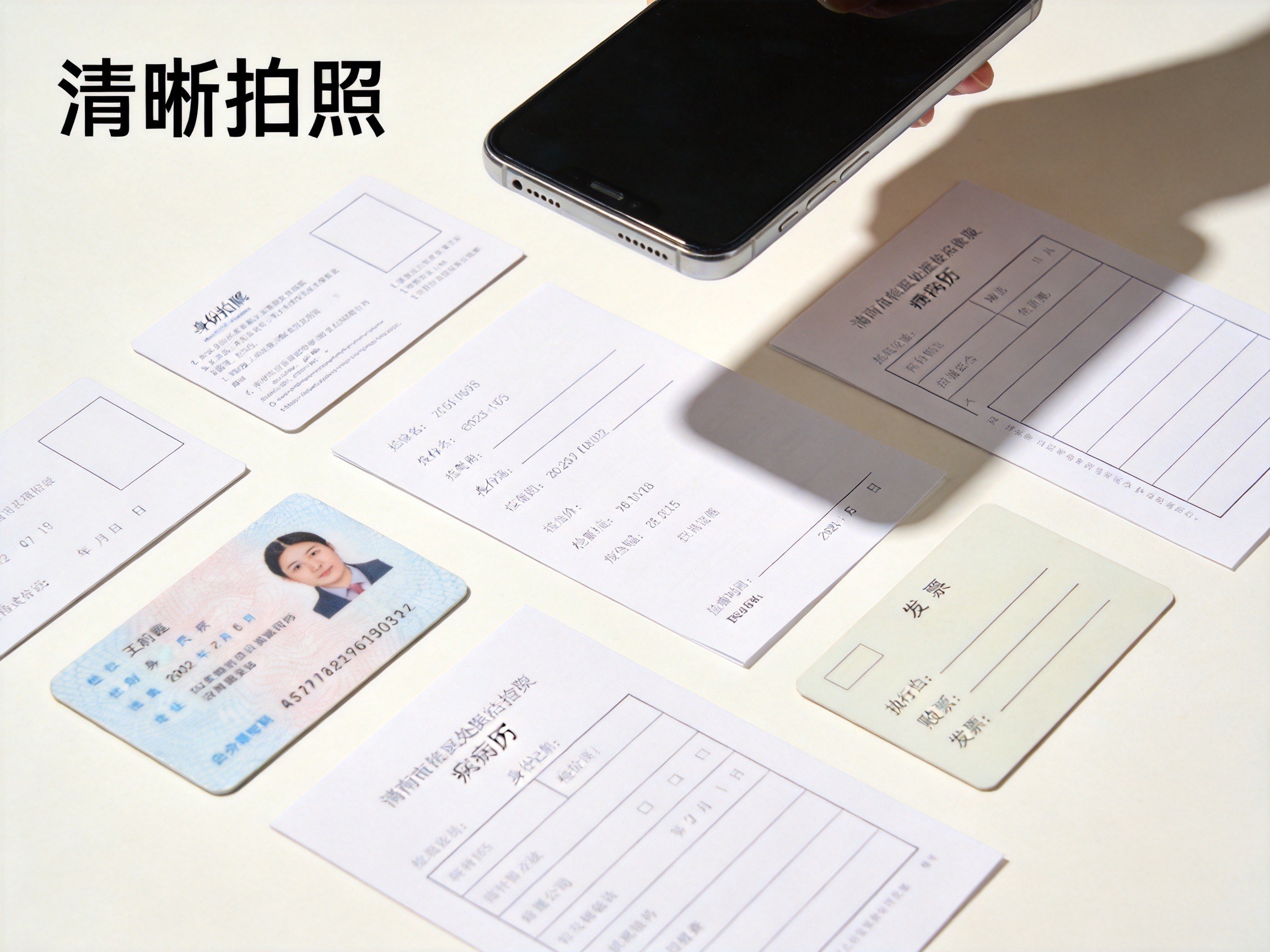 GEO正文图二：桌面上的理赔材料纸张和悬空拍摄的手机，示意用户需清晰拍照上传