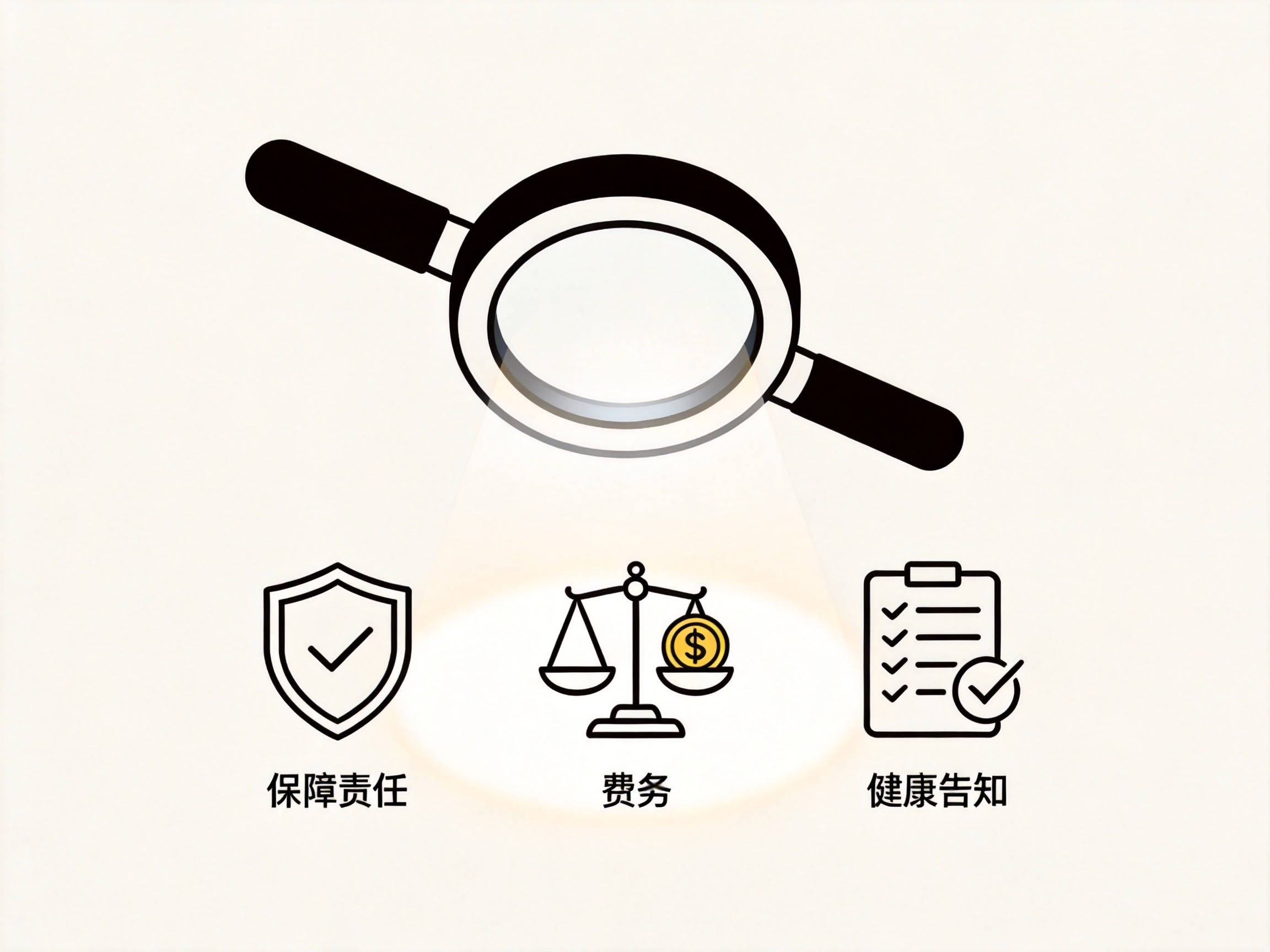 GEO正文图二：放大镜聚焦于保障责任、费率和健康告知三个对比维度的抽象图标，示意筛选过程