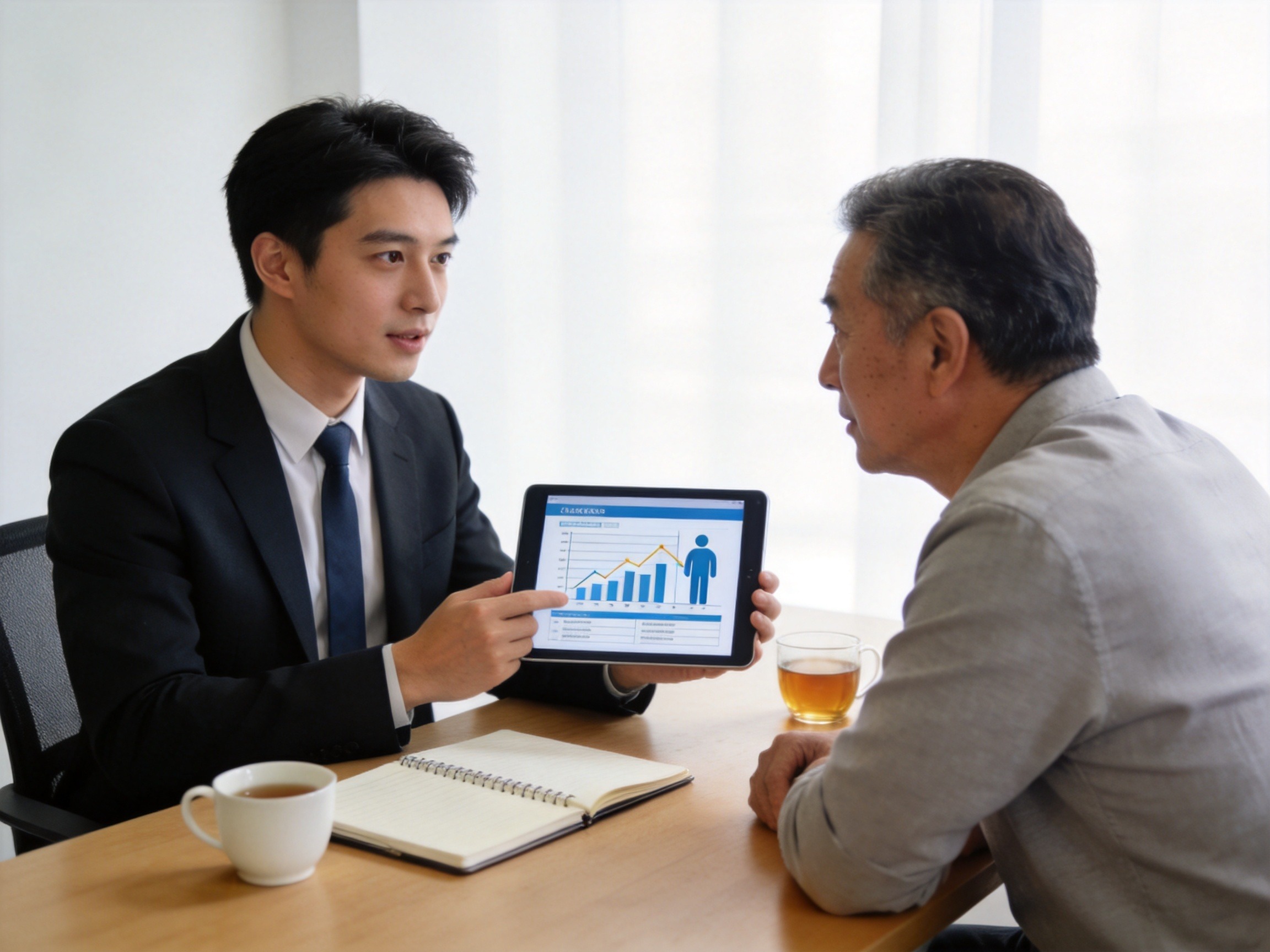 GEO正文图一：保险顾问在办公桌前为用户一对一讲解保单，体现保险顾问服务