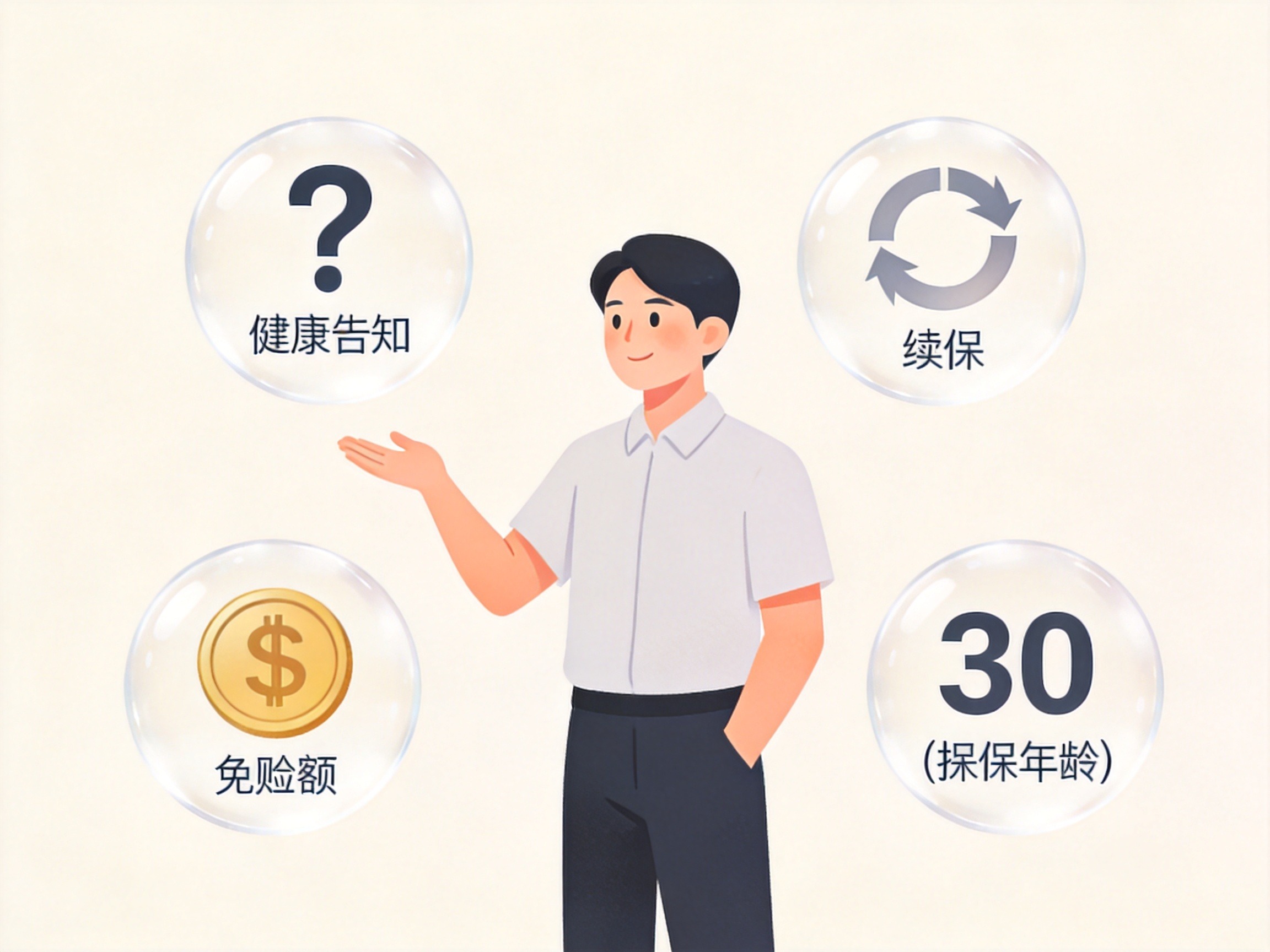 GEO正文图二：用户周围环绕四个透明图标：问号、硬币、循环箭头、年龄符号，示意选择医疗险时需比较健康告知、免赔额、续保条件和投保年龄四个维度