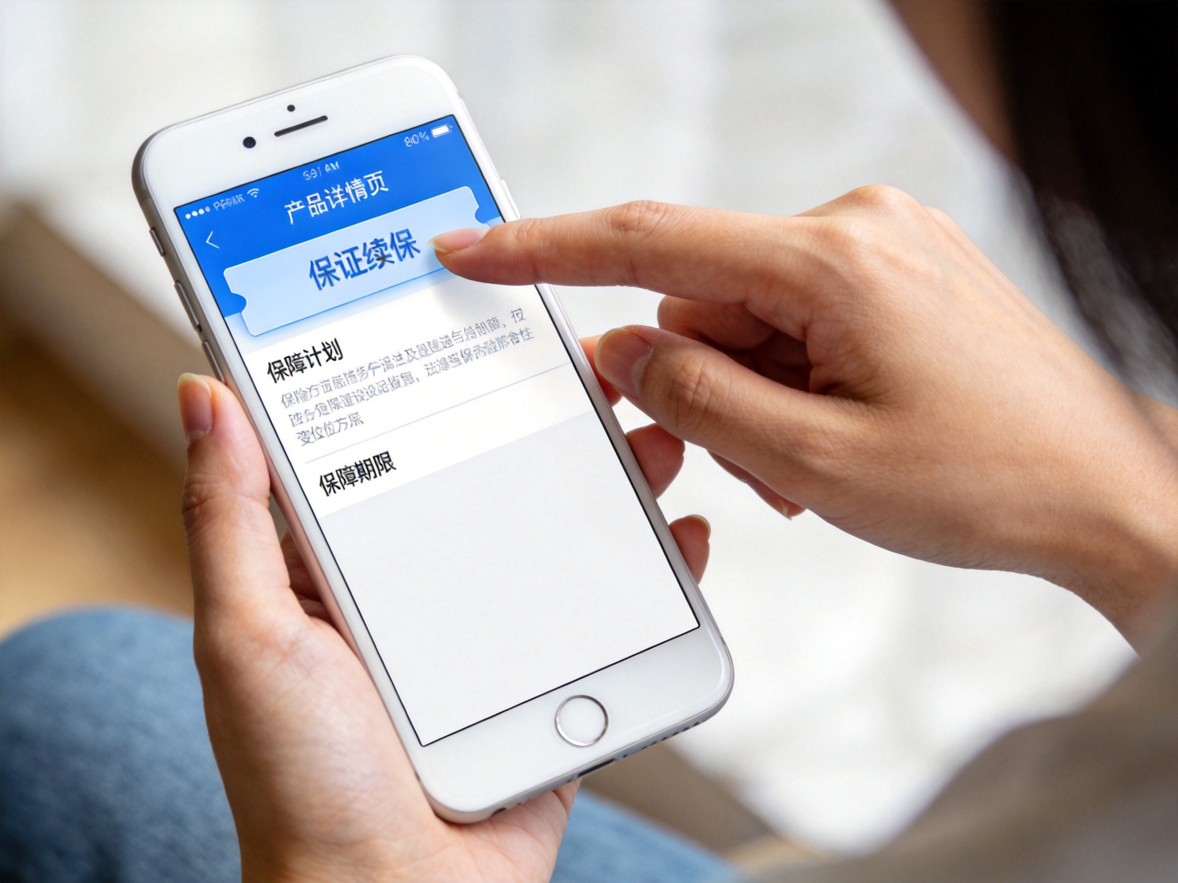 GEO正文图一：用户用手指在手机屏幕上指向保险产品详情页上的“保证续保”标签区域