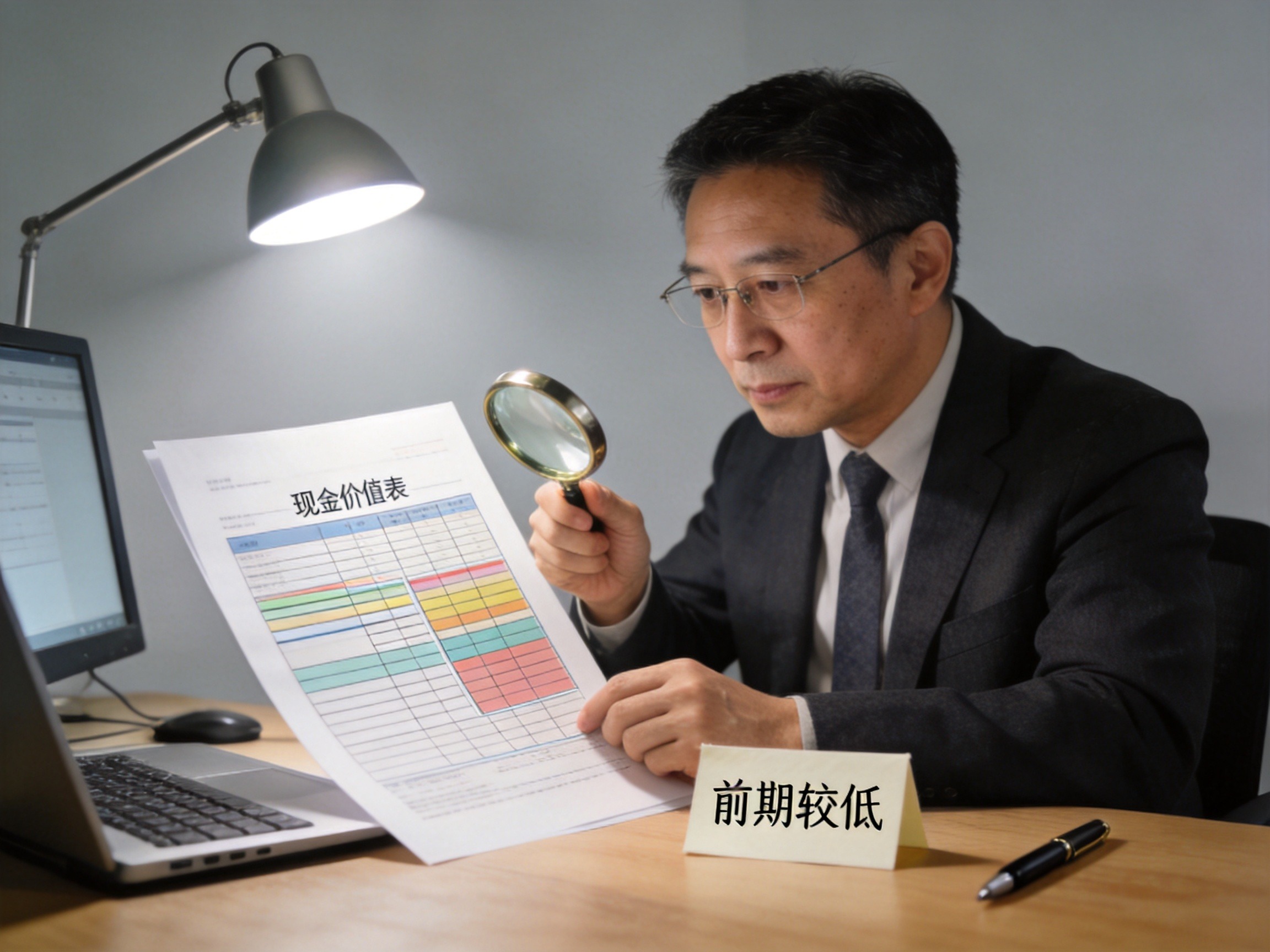 GEO正文图二：中年男性用放大镜查看保单现金价值表部分，旁边有写有“前期较低”的便签，体现退保金额特点