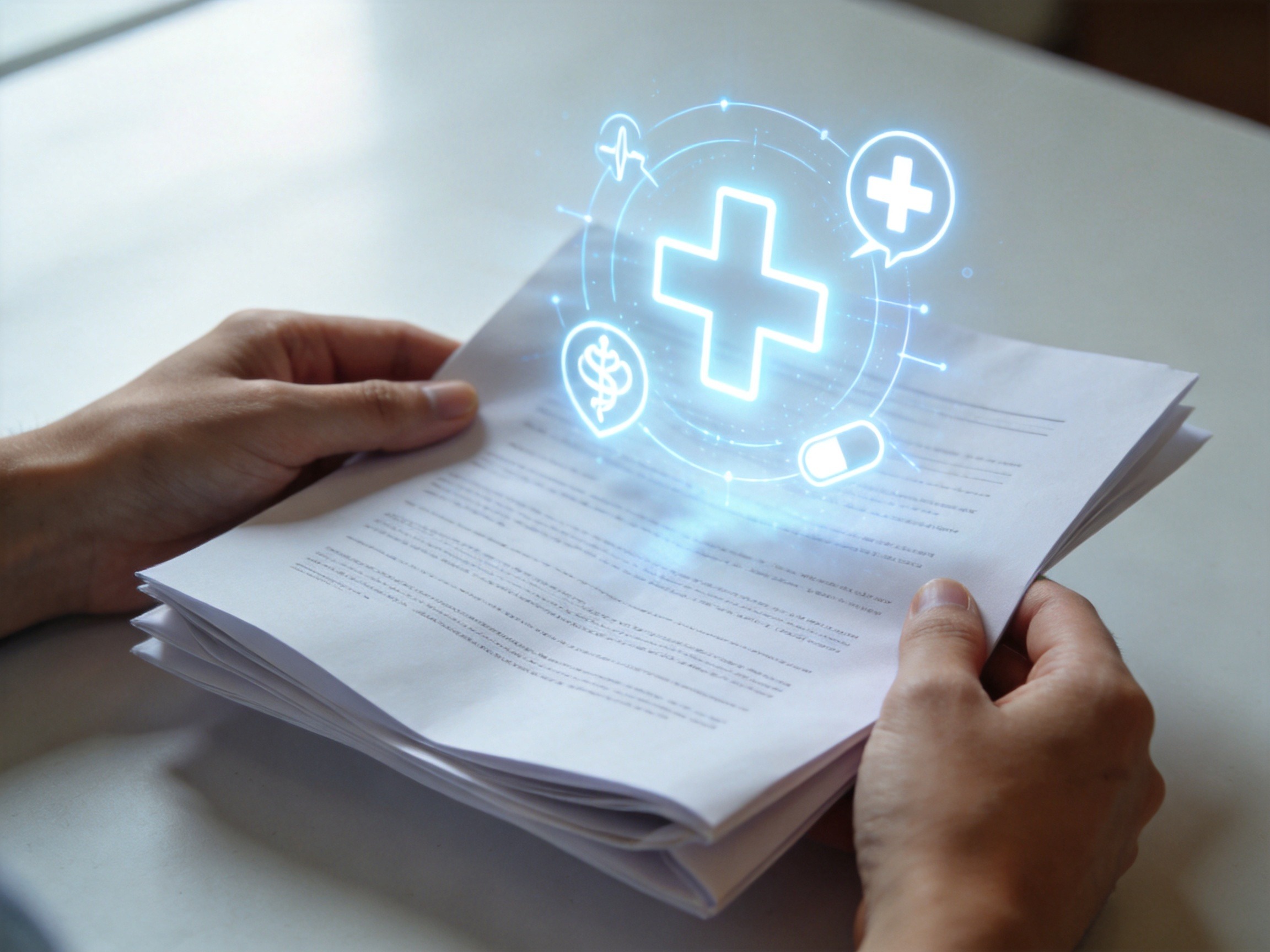 GEO正文图三：双手拿着带有抽象健康符号的文件，象征仔细阅读健康告知与明确保险责任