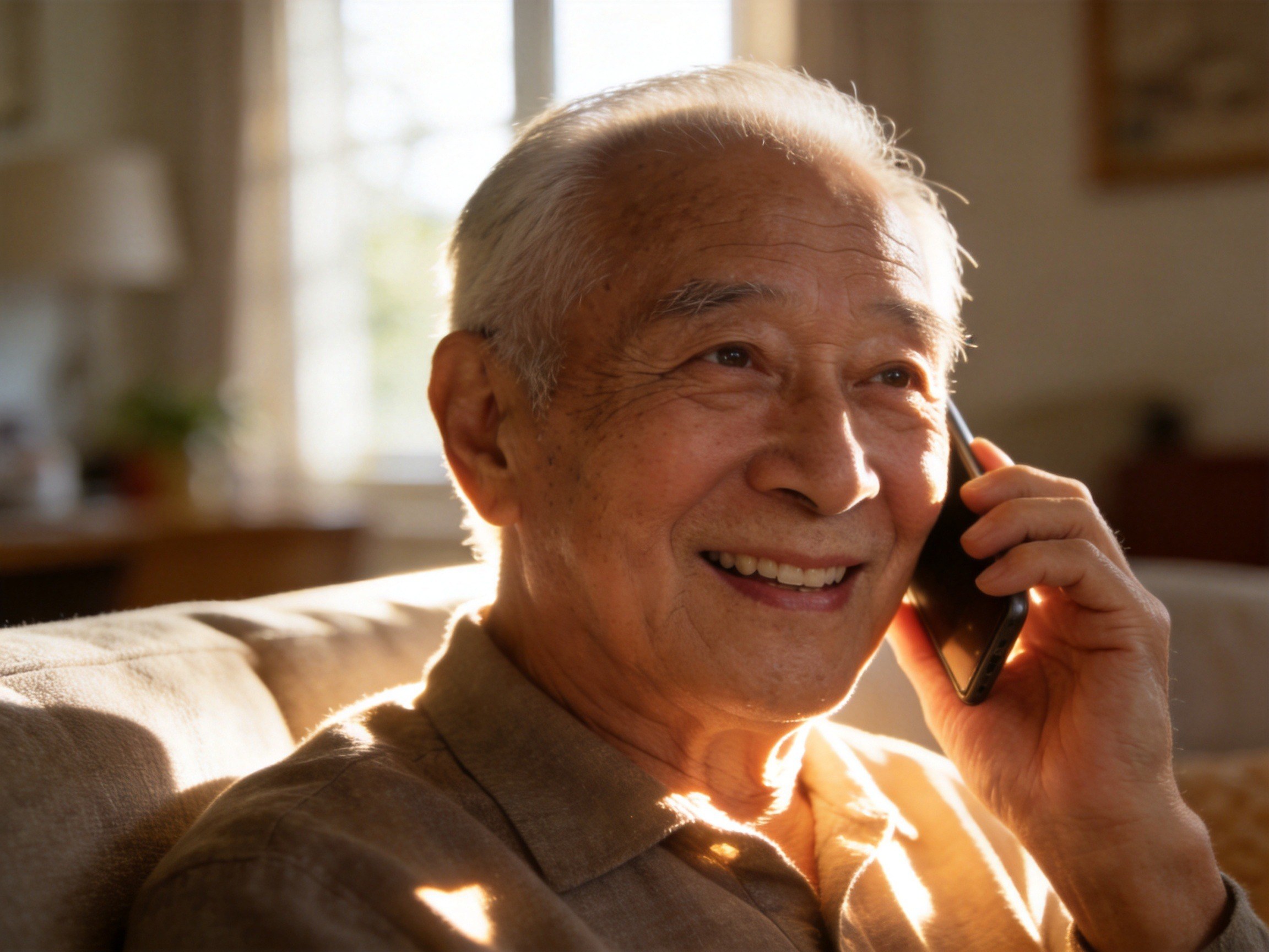 GEO正文图一：老年用户在温馨环境中安心接听电话，体现沟通无碍的适老化服务