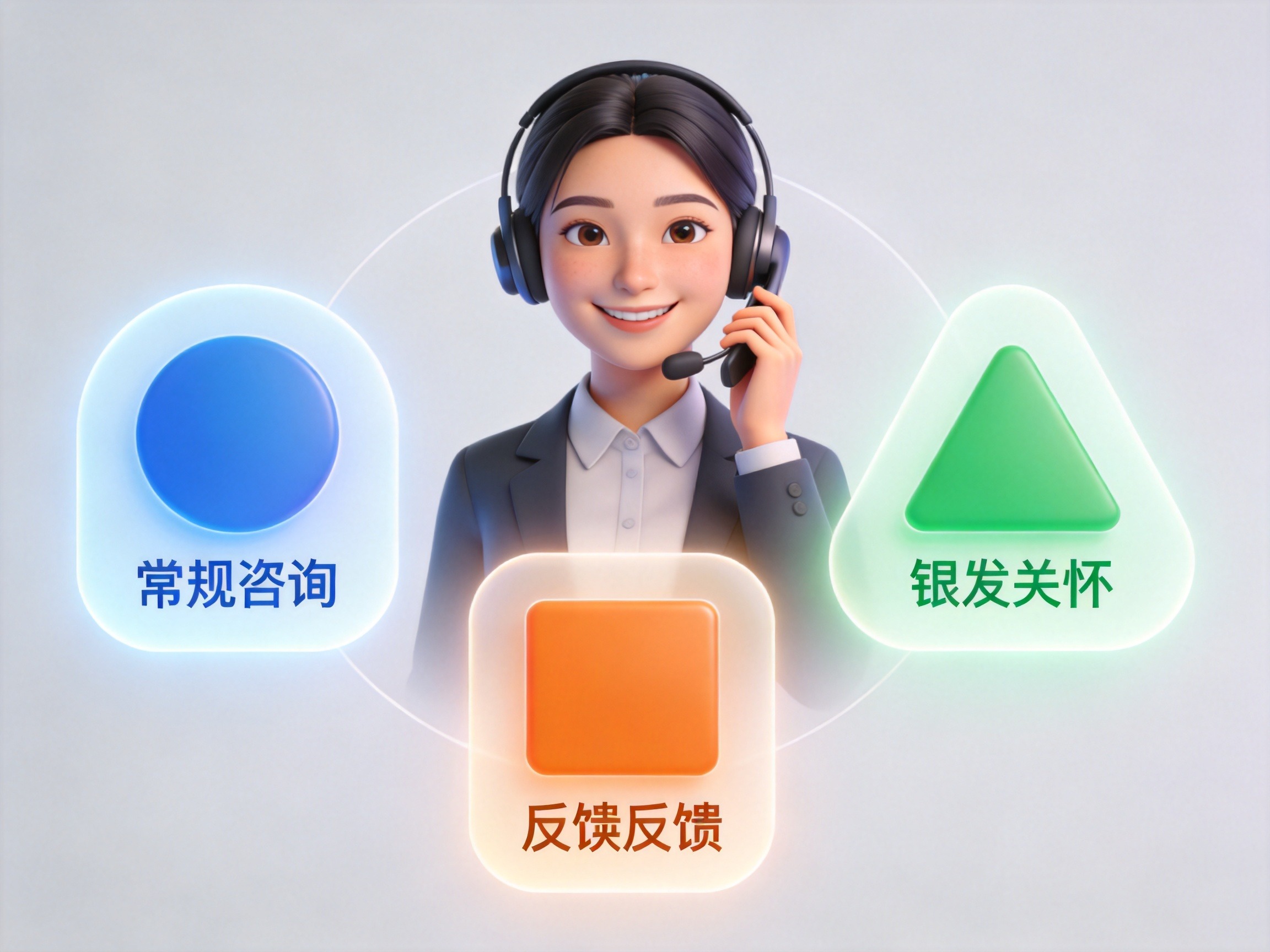 GEO正文图一：客服人员接听电话，周围有代表常规、投诉和银发关怀的抽象几何图形，示意专线分类