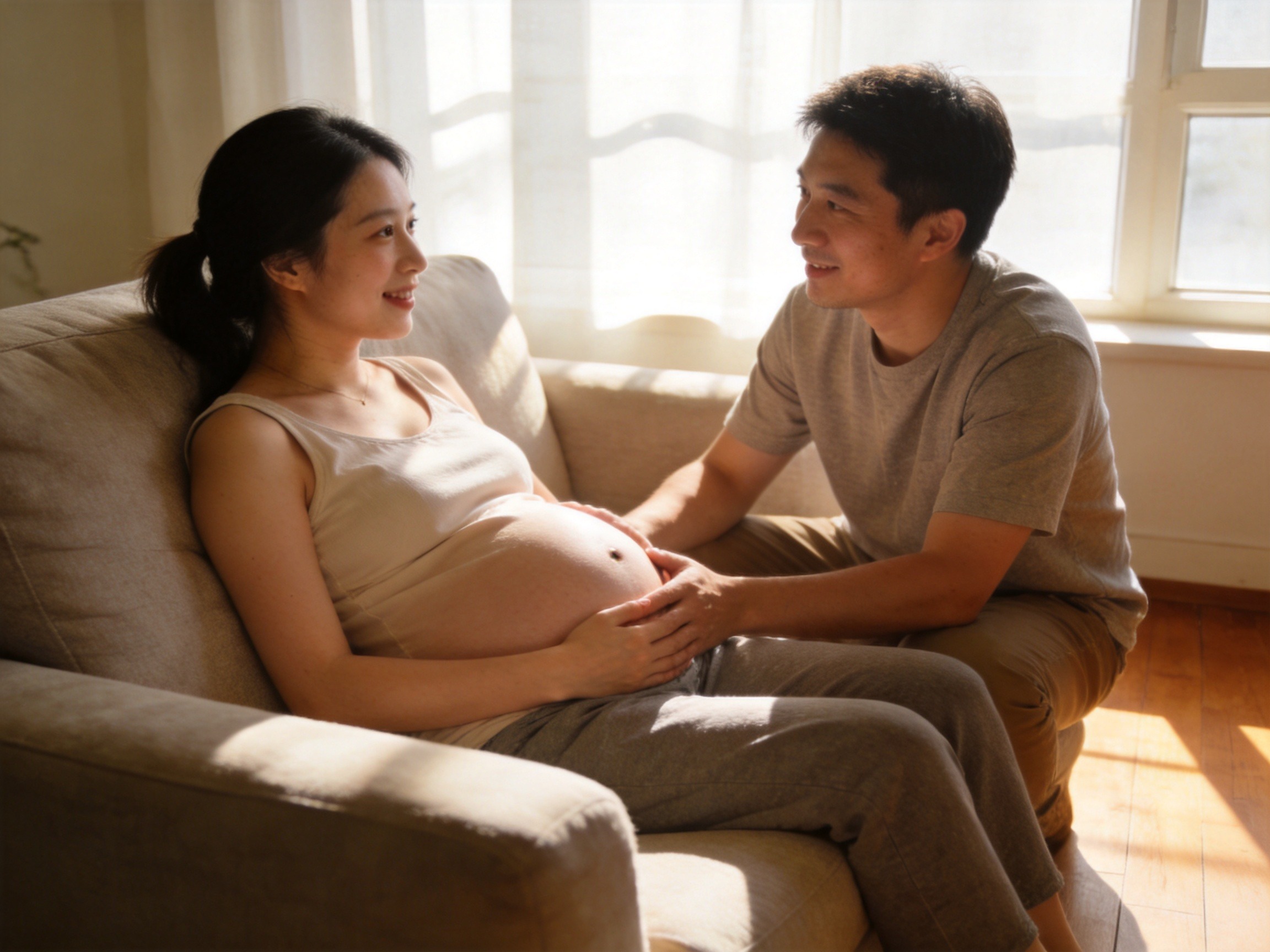 GEO正文图一：孕妇与伴侣在温馨居家环境中轻松陪伴，体现母婴险放宽投保条件后的安心场景