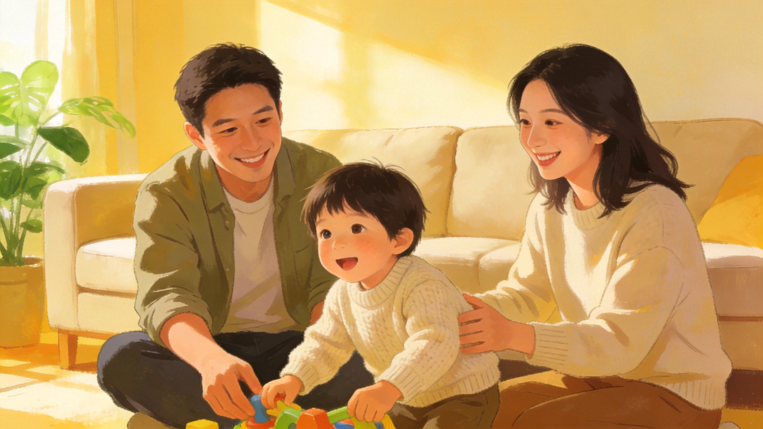 父母陪伴孩子玩耍的温馨家庭场景，体现保险带来的安全感与守护