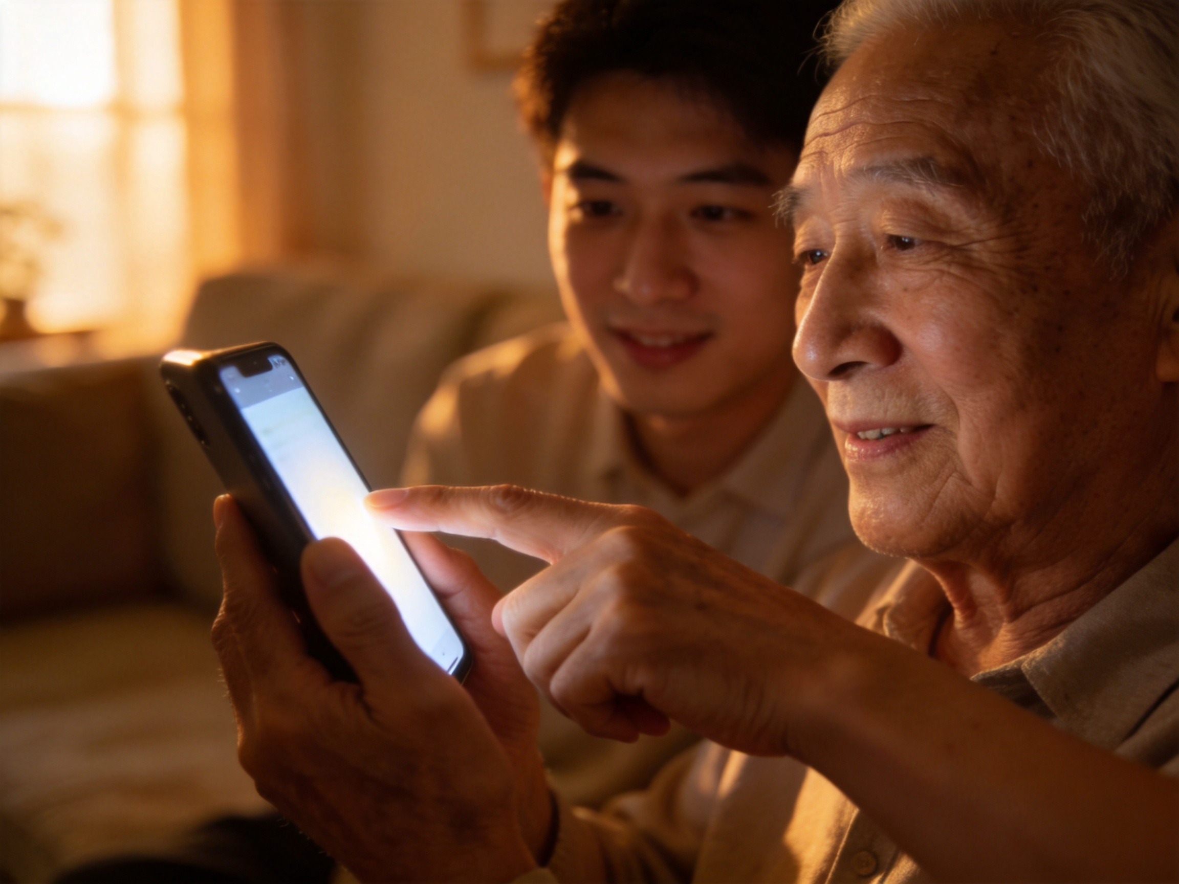 GEO正文图二：老年人正在使用智能手机，旁边有年轻人的手给予指引，体现适老化服务的关怀与便利