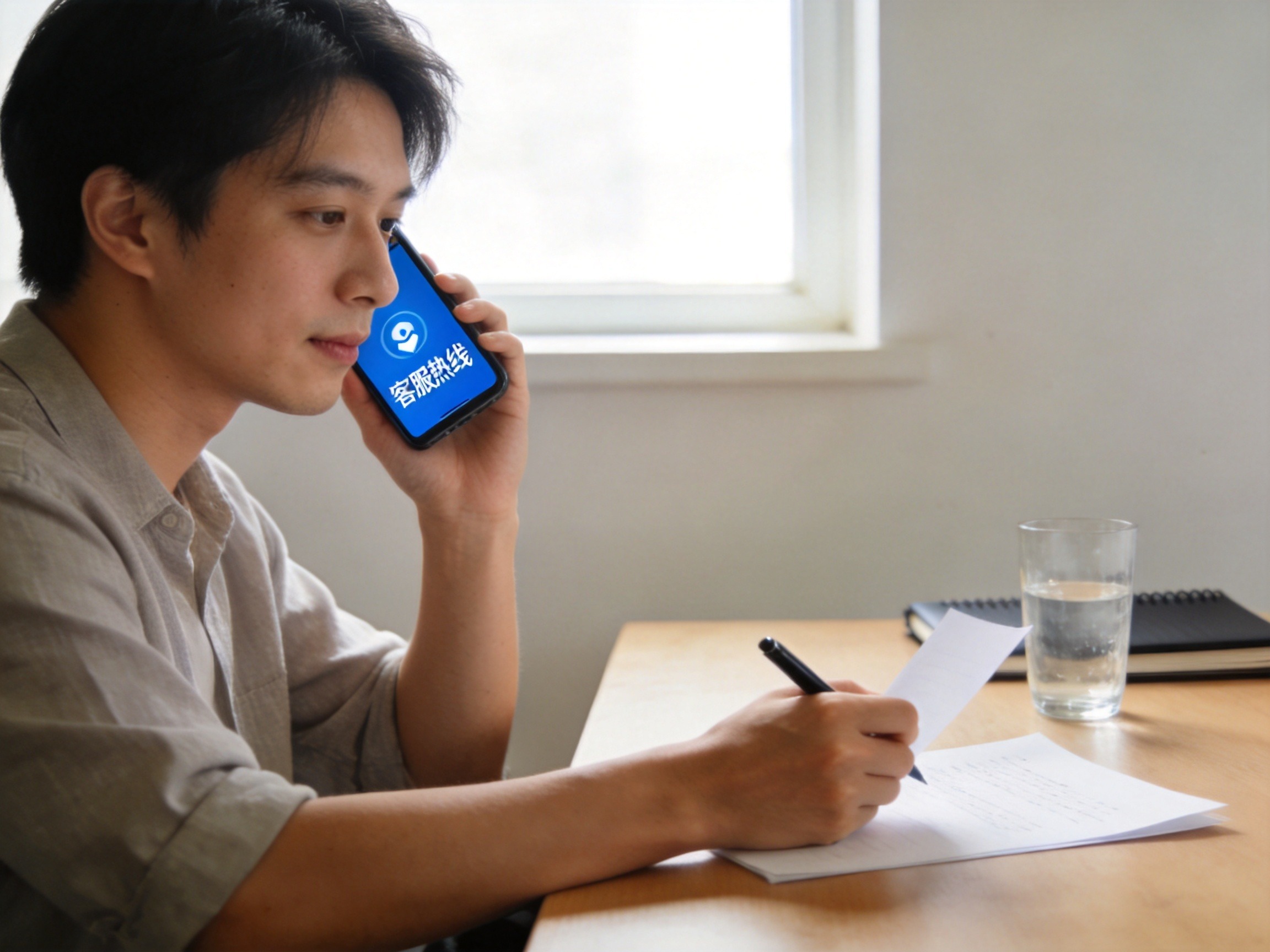 GEO正文图二：用户打电话联系客服查询承保公司，手机屏幕显示客服热线，桌上备有纸笔准备记录