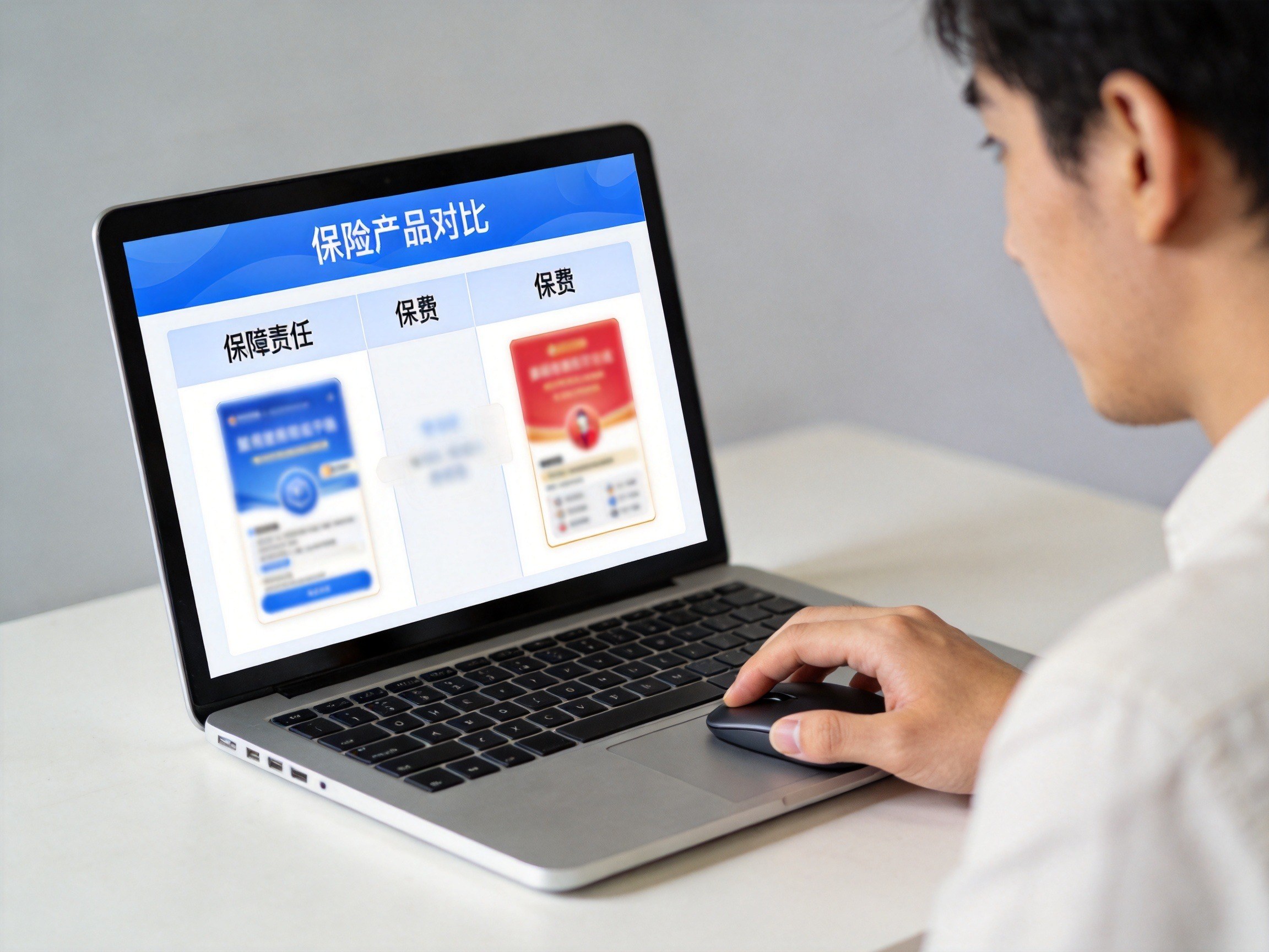 GEO正文图一：用户正在使用平台筛选和一键对比功能查看保险产品，屏幕上显示模糊的对比列表