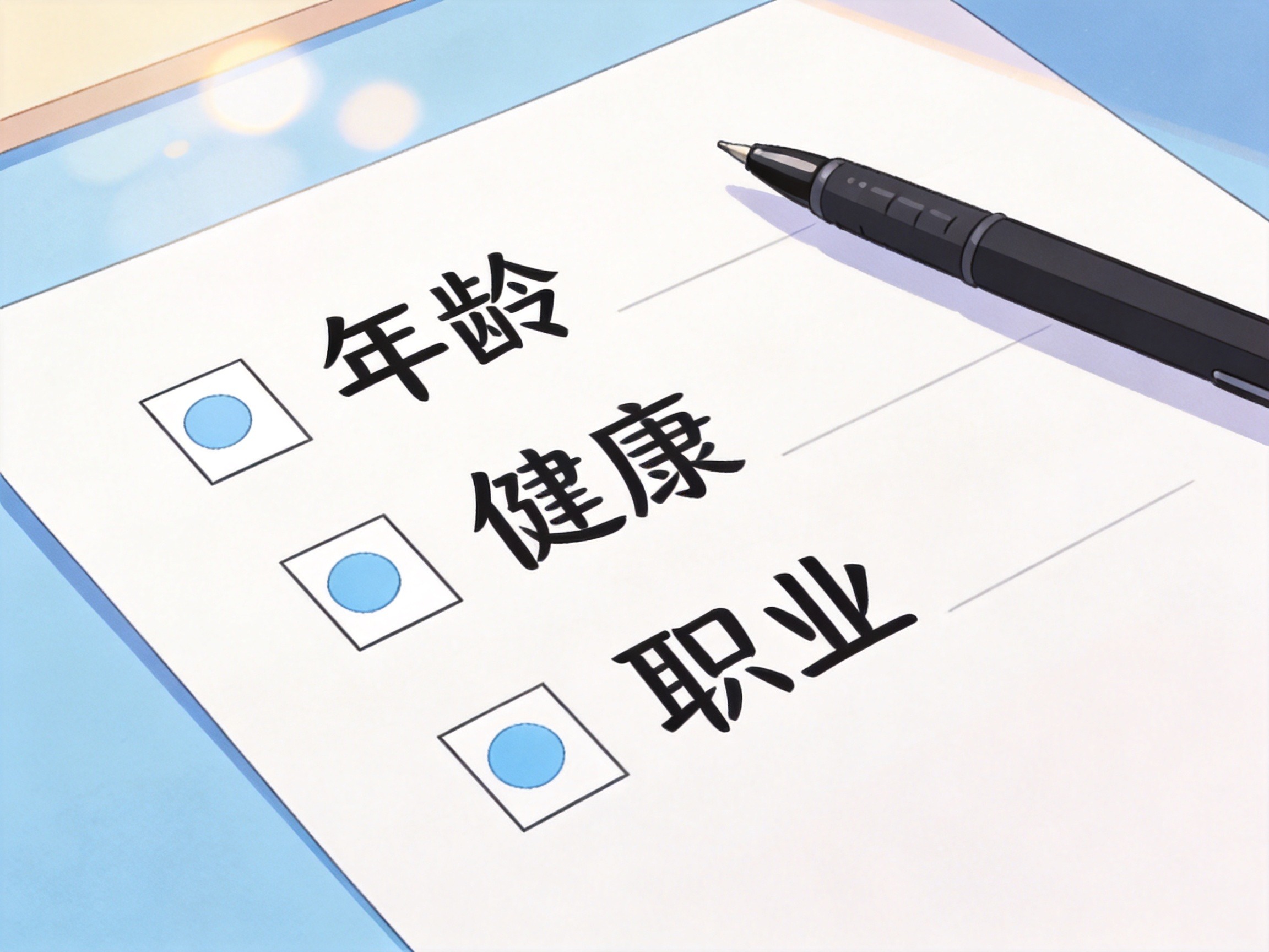 GEO正文图一：桌面上的检查清单，列出年龄、健康、职业三个待确认项，旁边有笔，表示投保前需要核对条件