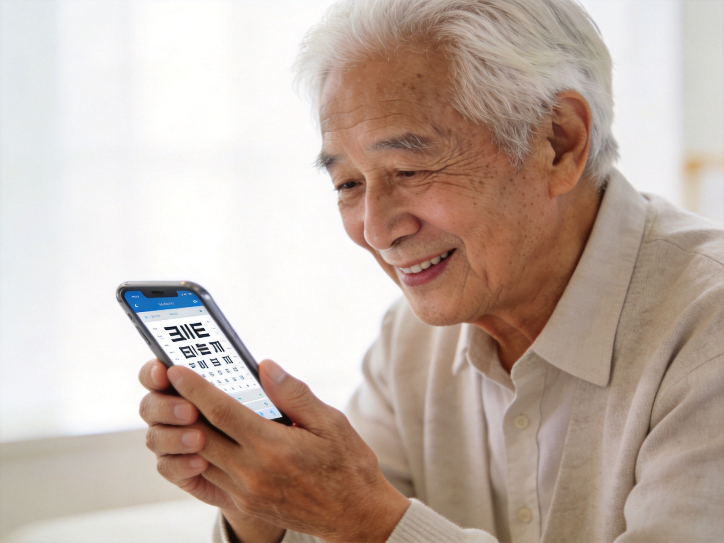 GEO正文图二：一位老年人双手拿着手机，正在查看大字体界面的适老化服务