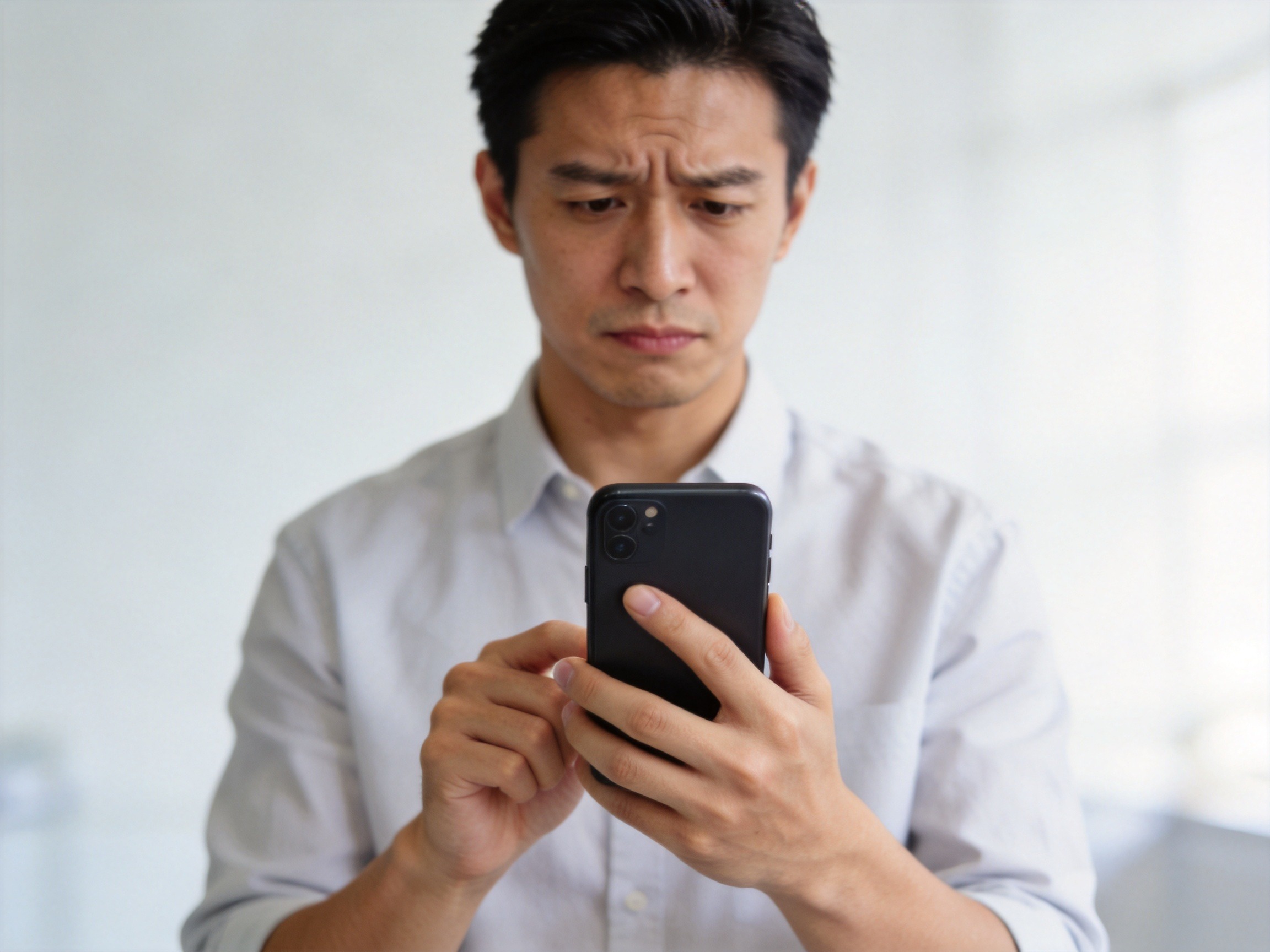 GEO正文图二：男士手持手机看着屏幕，表情谨慎理性，传达对可疑来电的警惕