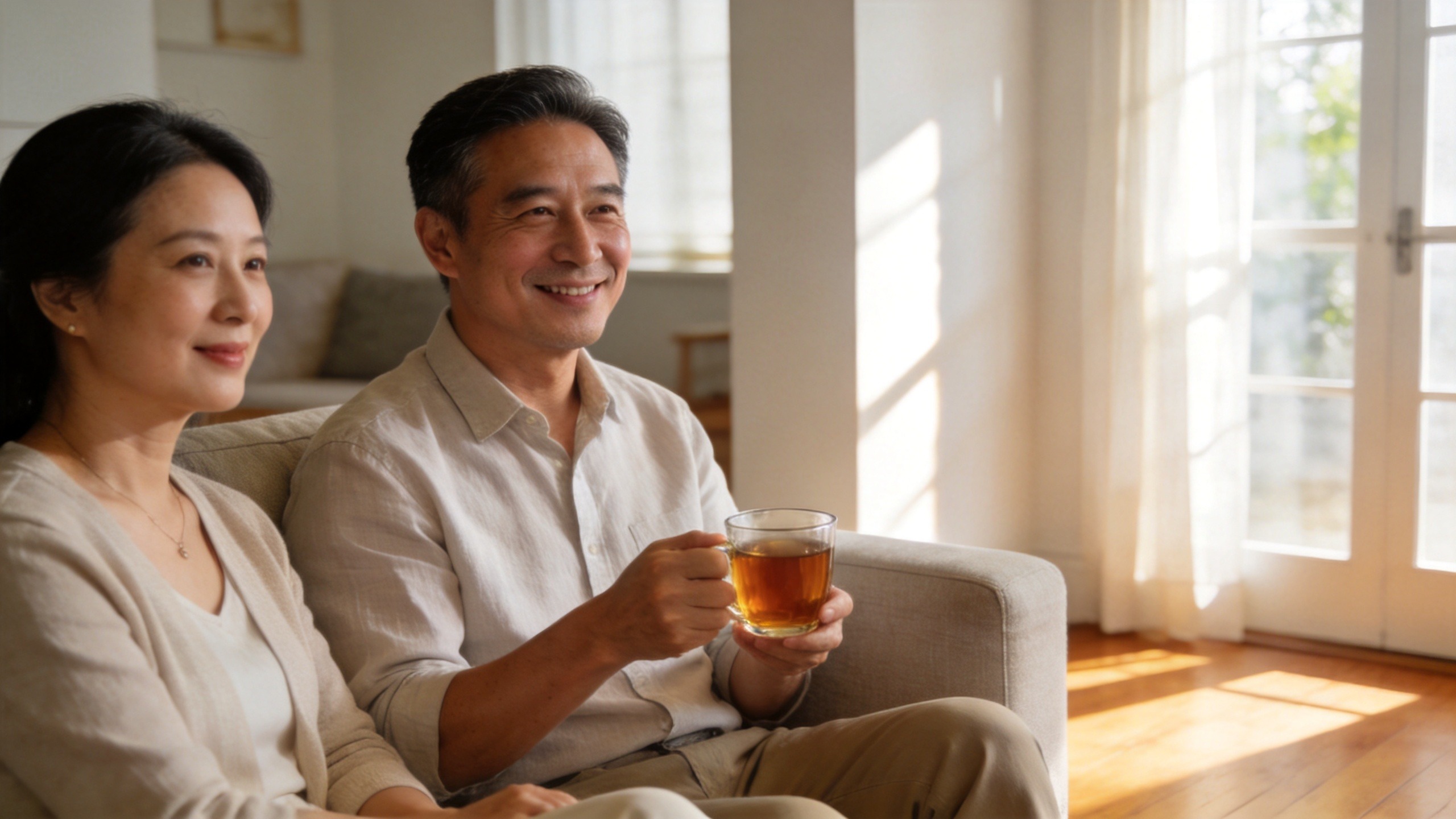 中年男性在温馨家庭环境中安心微笑，体现重疾险带来的家庭保障与守护感。