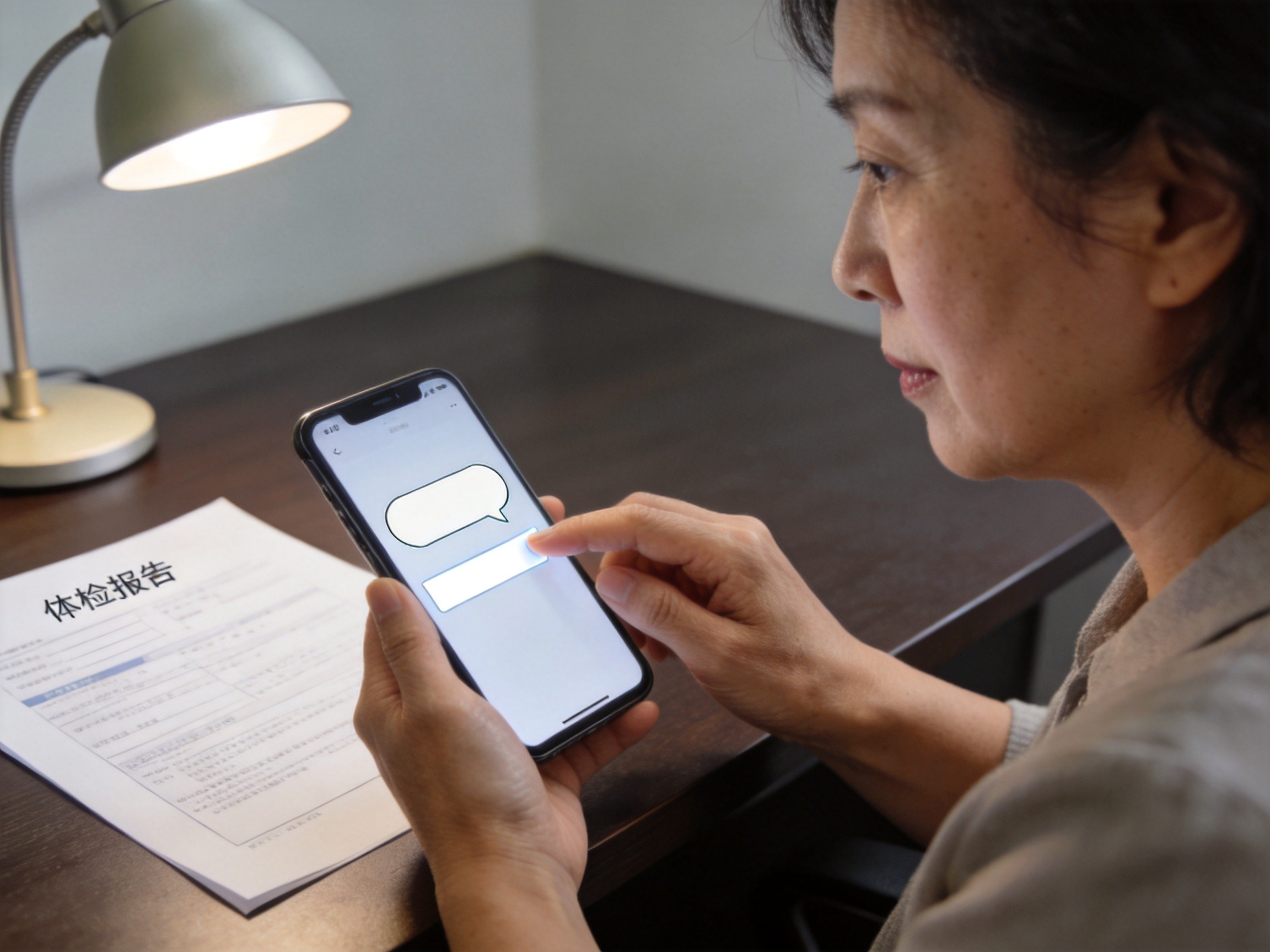 GEO正文图二：用户正在使用手机进行智能核保预评估，桌上放有体检报告