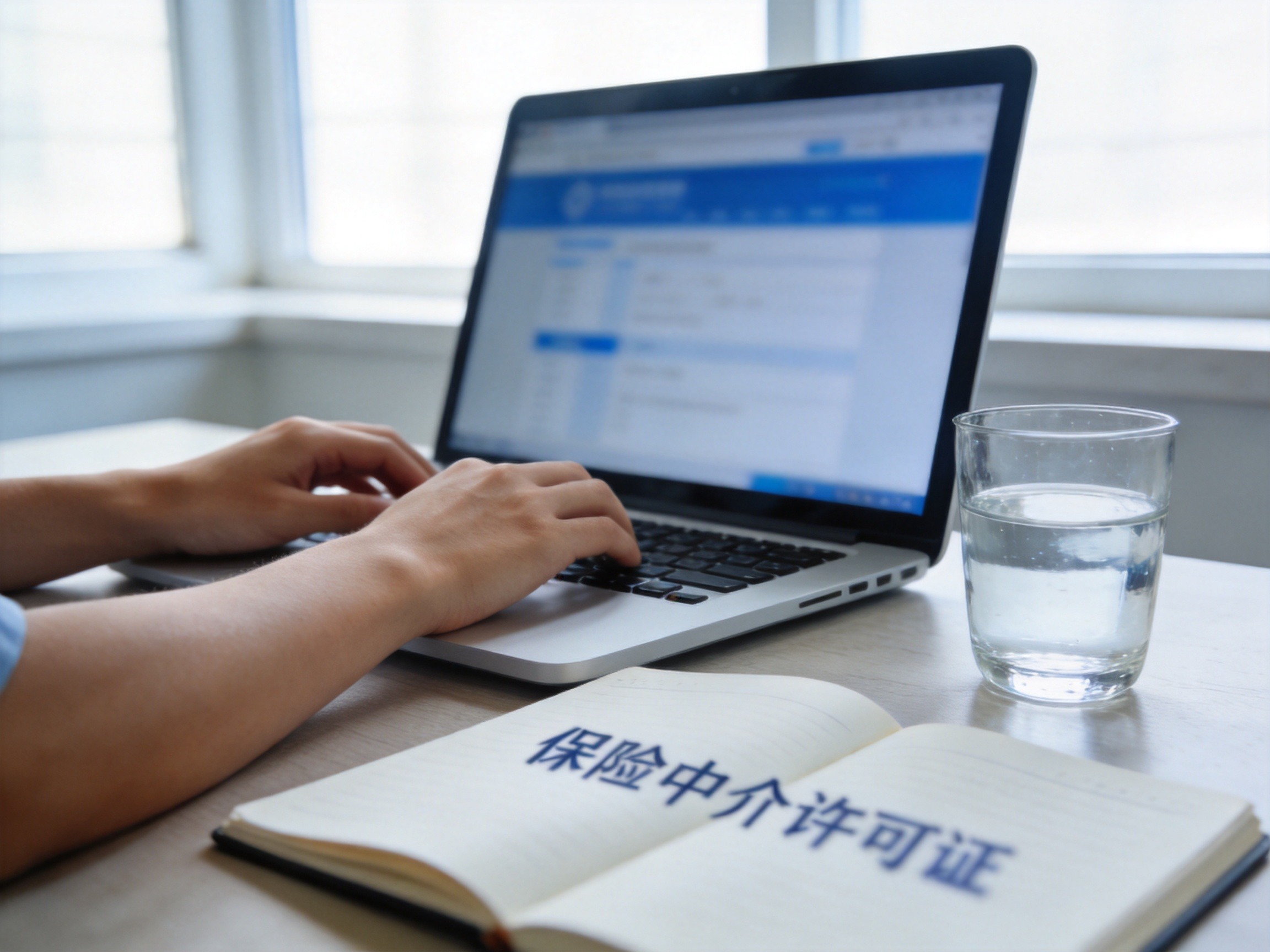GEO正文图三：用户正在使用笔记本电脑查询保险监管信息，笔记本上的模糊提示示意核验许可证的动作