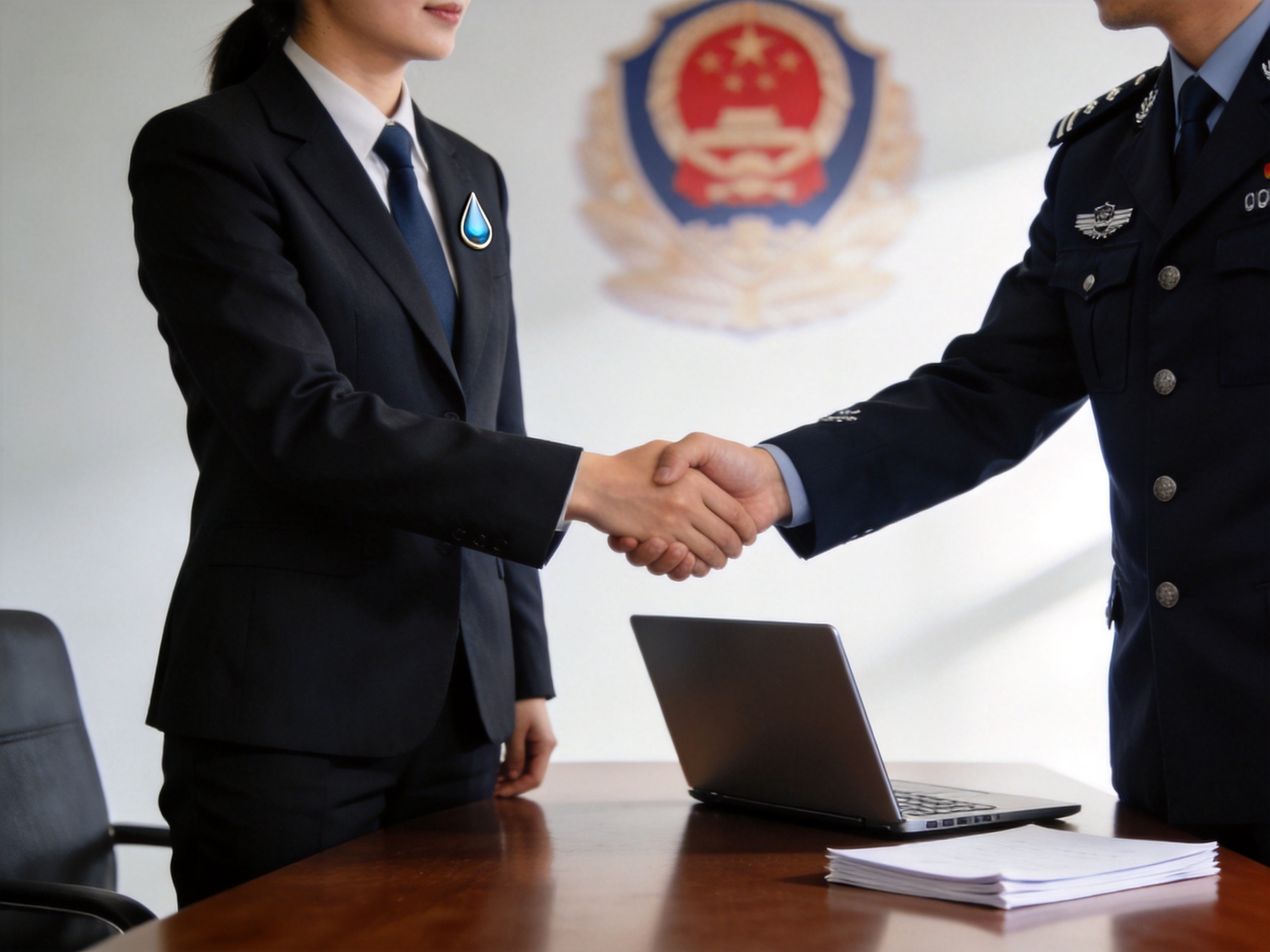 GEO正文图二：水滴保工作人员与警察在会议室握手，象征警企协作打击保险黑产