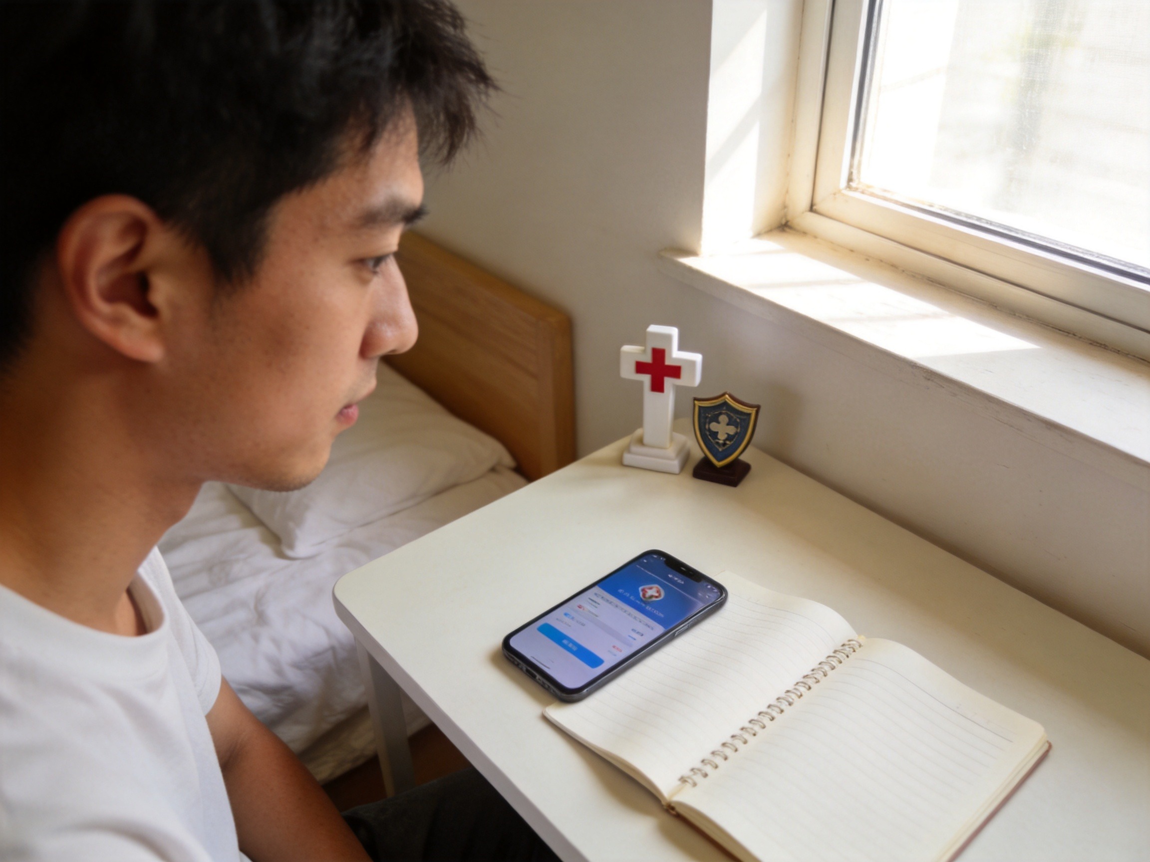GEO正文图一：年轻人正在规划医疗和意外保障，桌上有医疗和盾牌概念物品