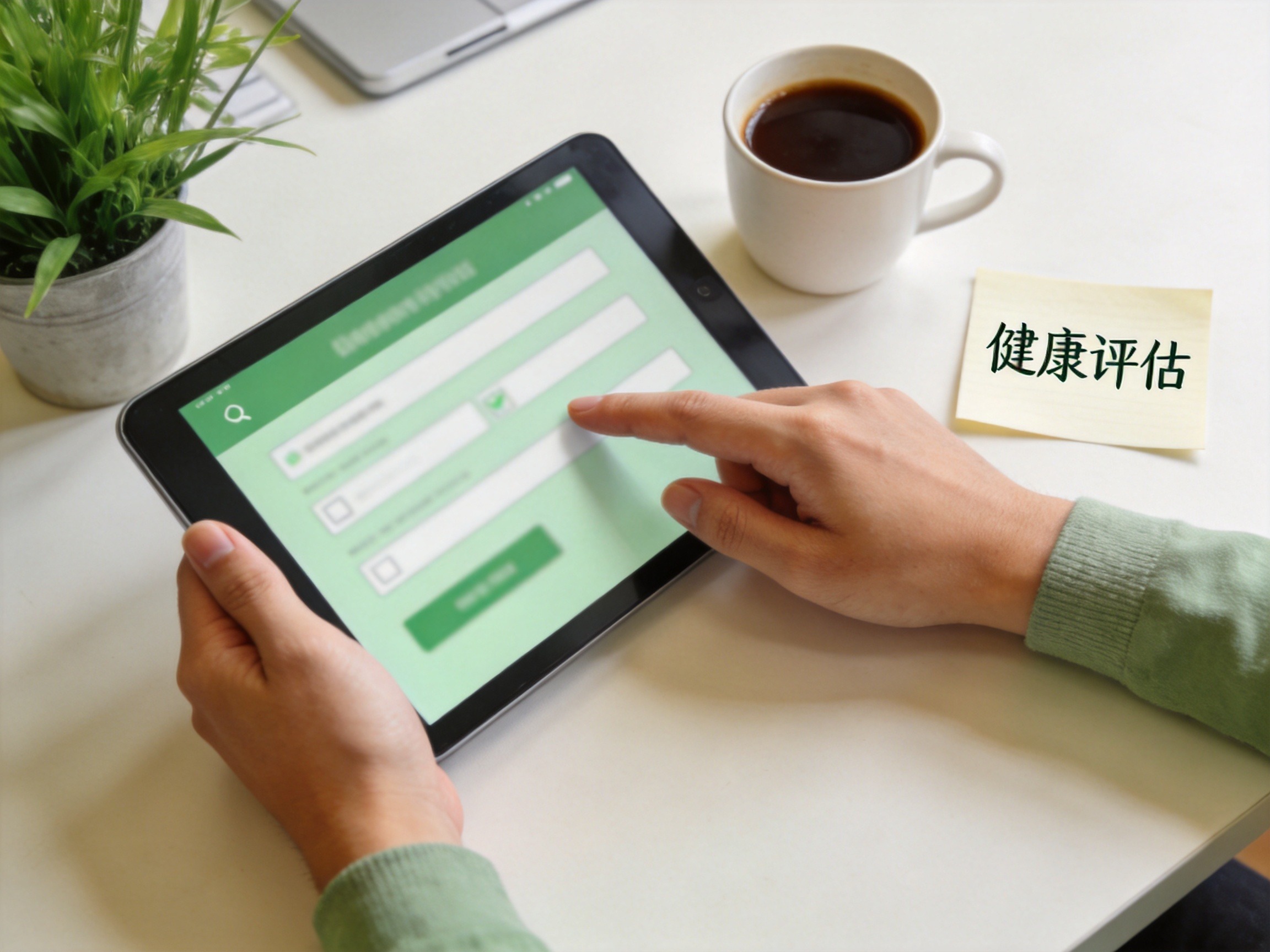 GEO正文图三：用户手持平板进行健康评估，代表水滴保提供的AI核保工具帮助非标体人群筛选产品