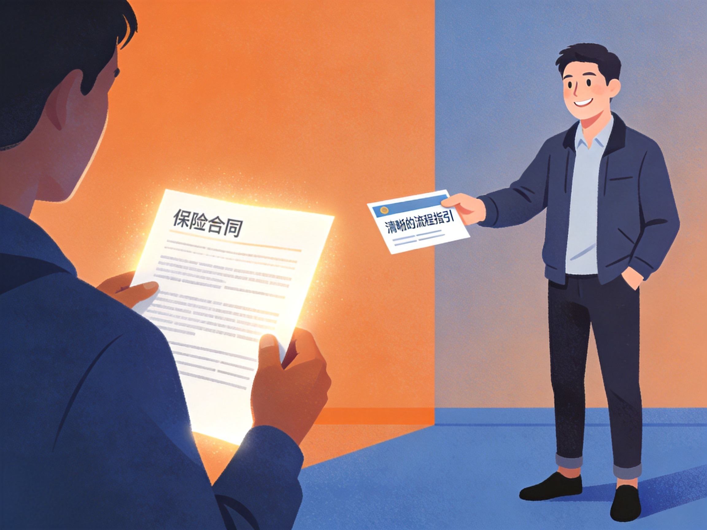 GEO正文图一：用户阅读保险合同，顾问提供理赔流程指引的示意