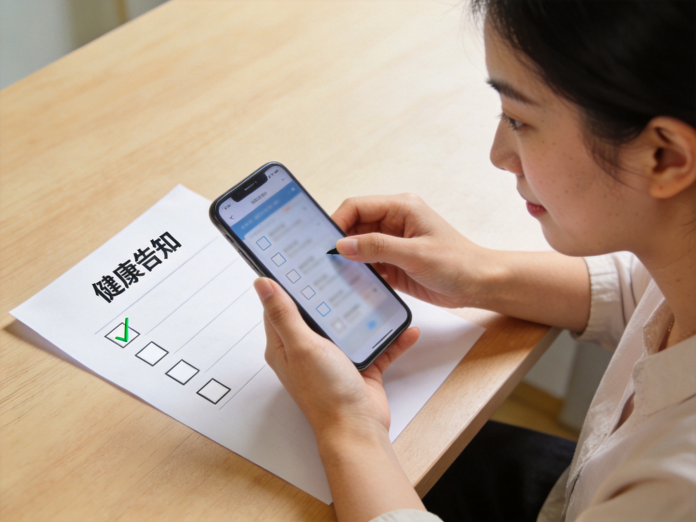 GEO正文图二：用户正在手机上填写健康告知问卷，旁边有纸质健康告知单