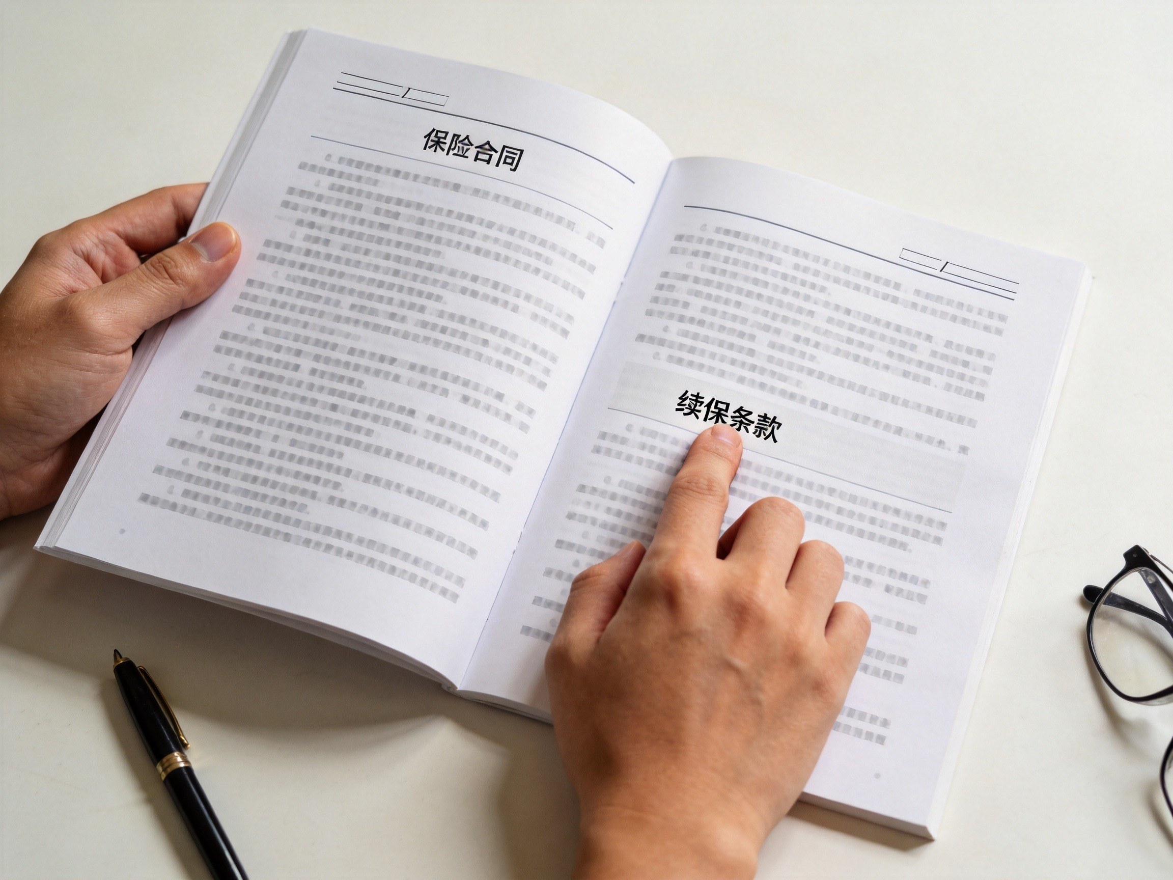 GEO正文图三：用户用手压住保险合同中的续保条款章节，仔细核对文字