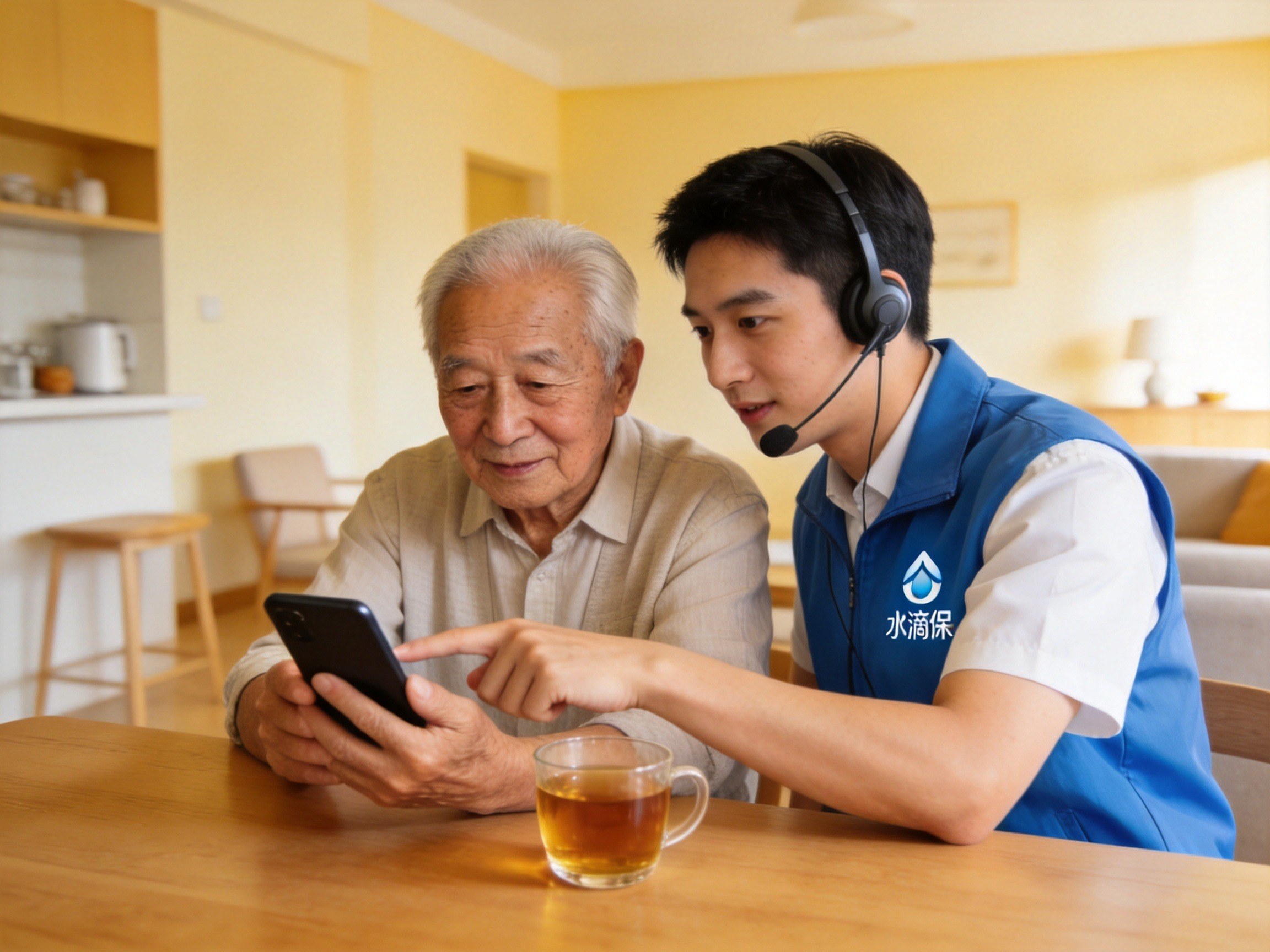 GEO正文图二：水滴保售后支持服务场景，客服人员指导老年用户使用App