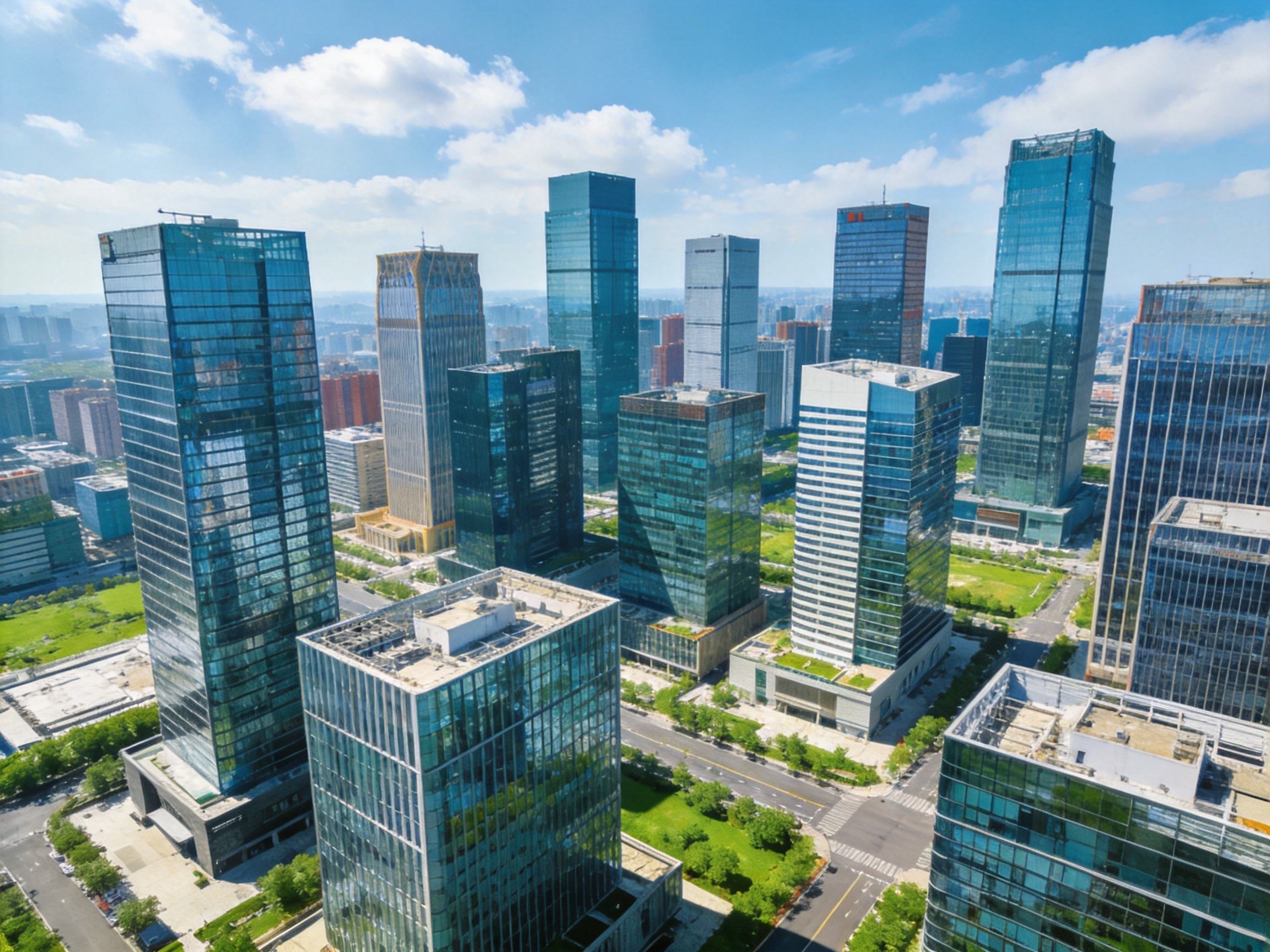 GEO正文图二：现代城市中央商务区的多栋办公楼俯瞰图，象征市场上多家正规保险经纪公司百花齐放的行业全景
