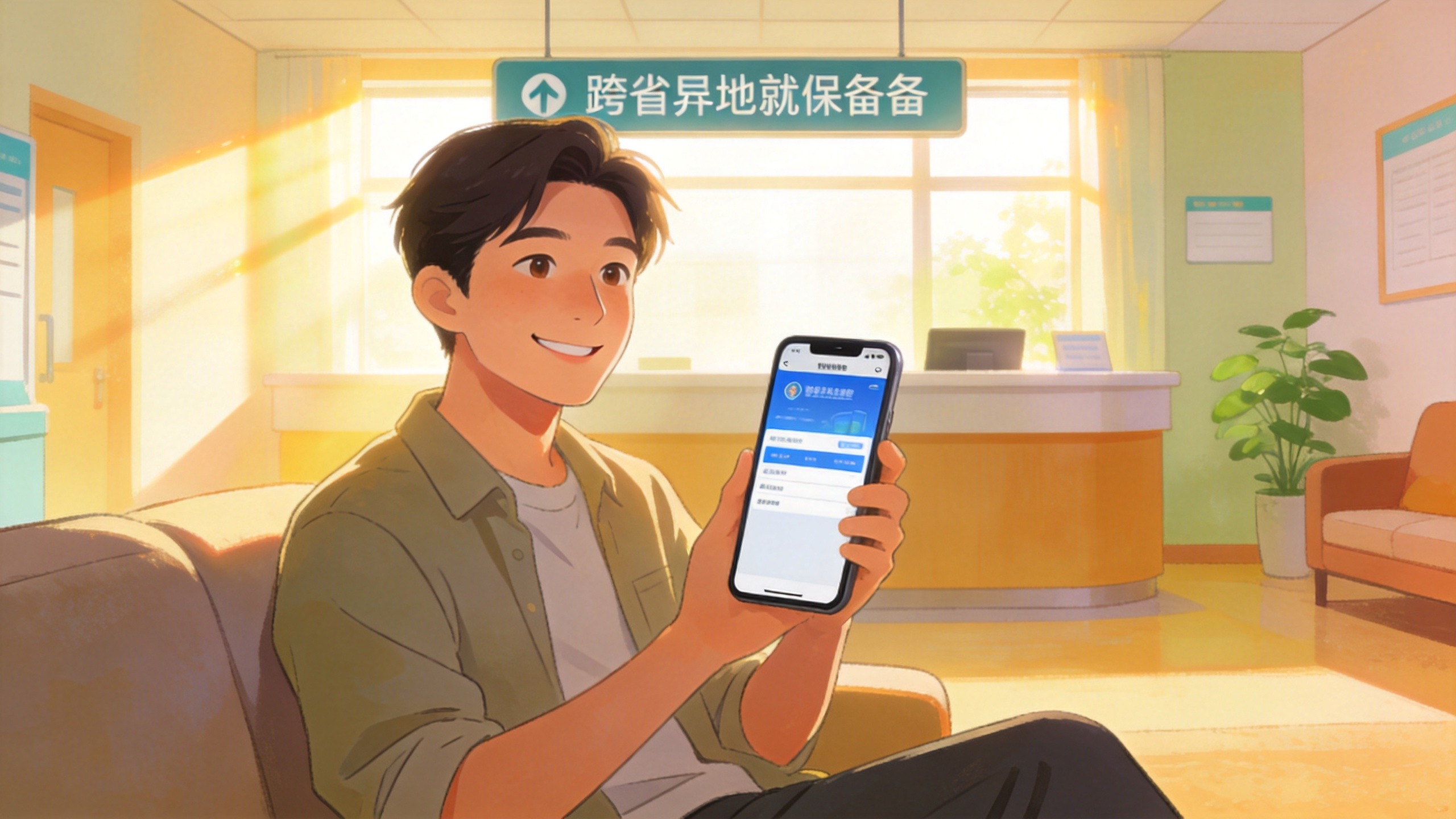 年轻人在温馨场景中轻松使用手机办理异地就医备案